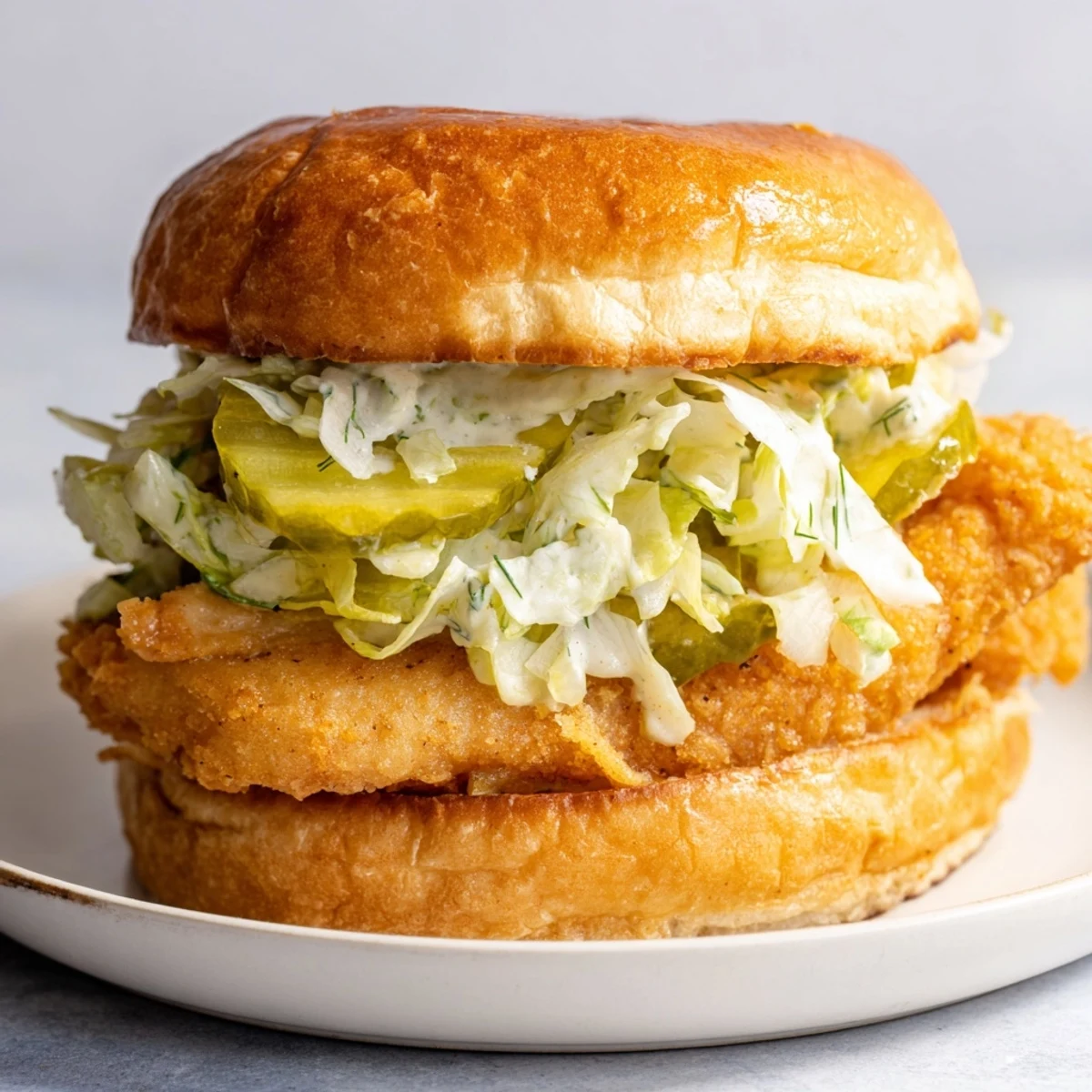 Homemade crispy dill chicken sandwich featuring juicy fried breast with creamy dill mayo and crunchy pickle slices