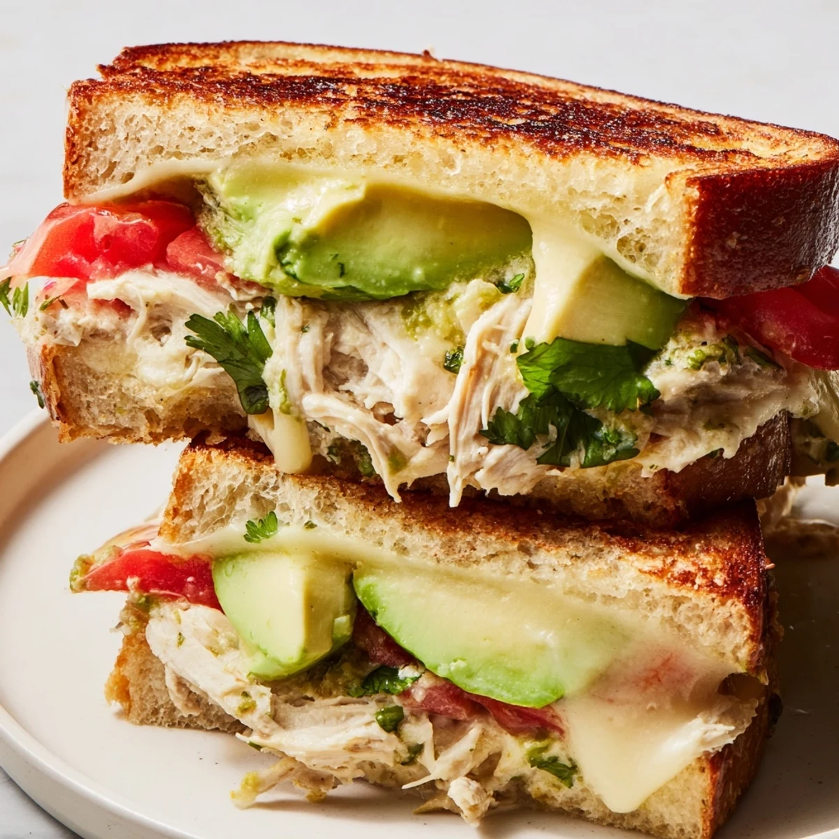 Sliced chicken avocado melt sandwich cut in half revealing juicy layers and creamy cheese