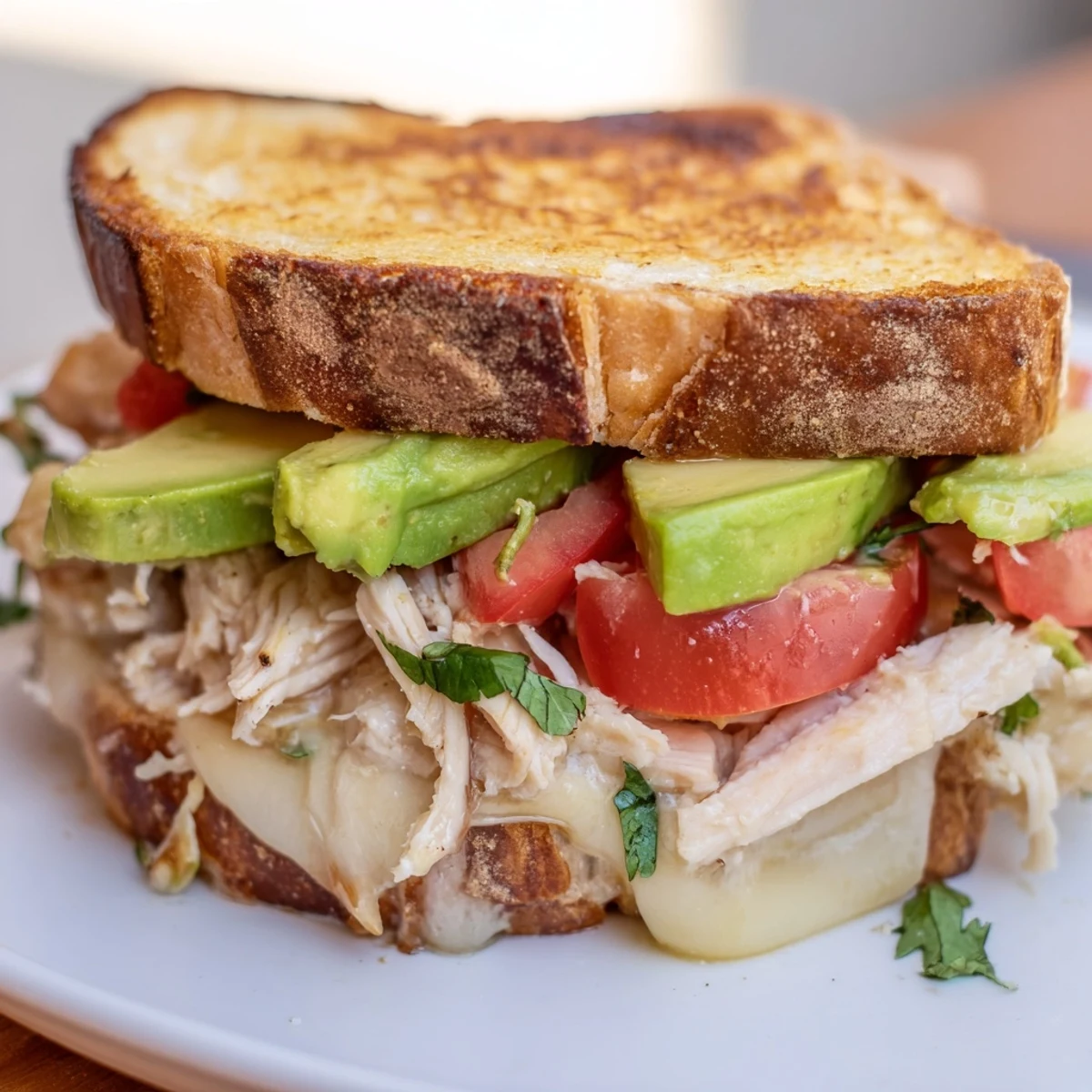 Golden grilled chicken avocado melt sandwich with melted provolone on toasted sourdough bread