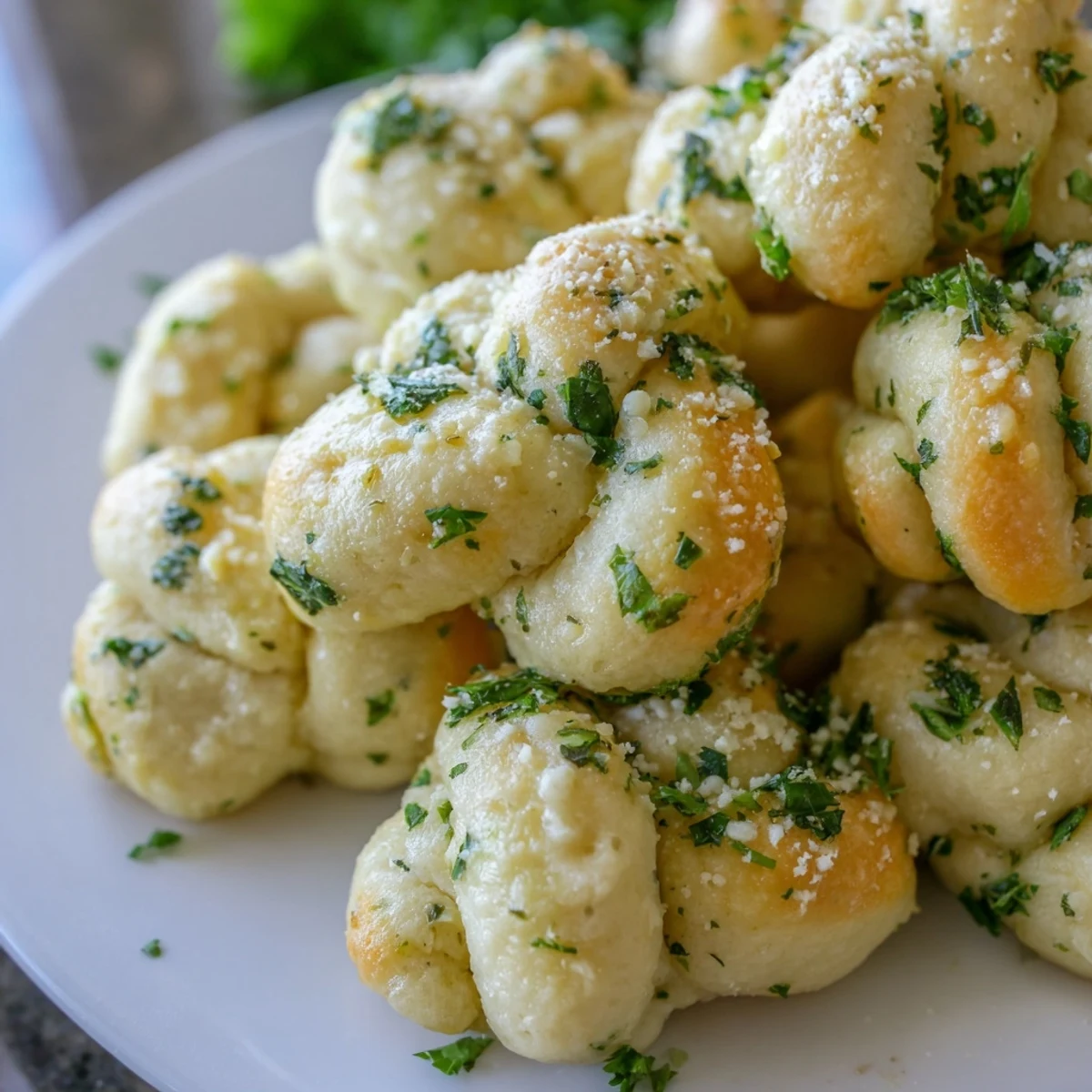 Golden gluten-free garlic knots brushed with melted butter and fresh parsley on a white plate
