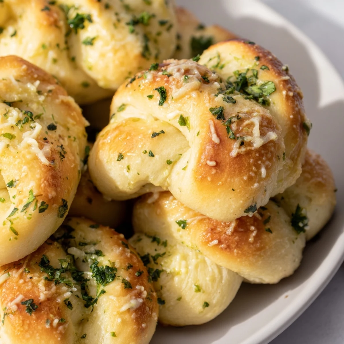 Soft pillowy gluten-free garlic knots arranged on a baking sheet with herb garnish