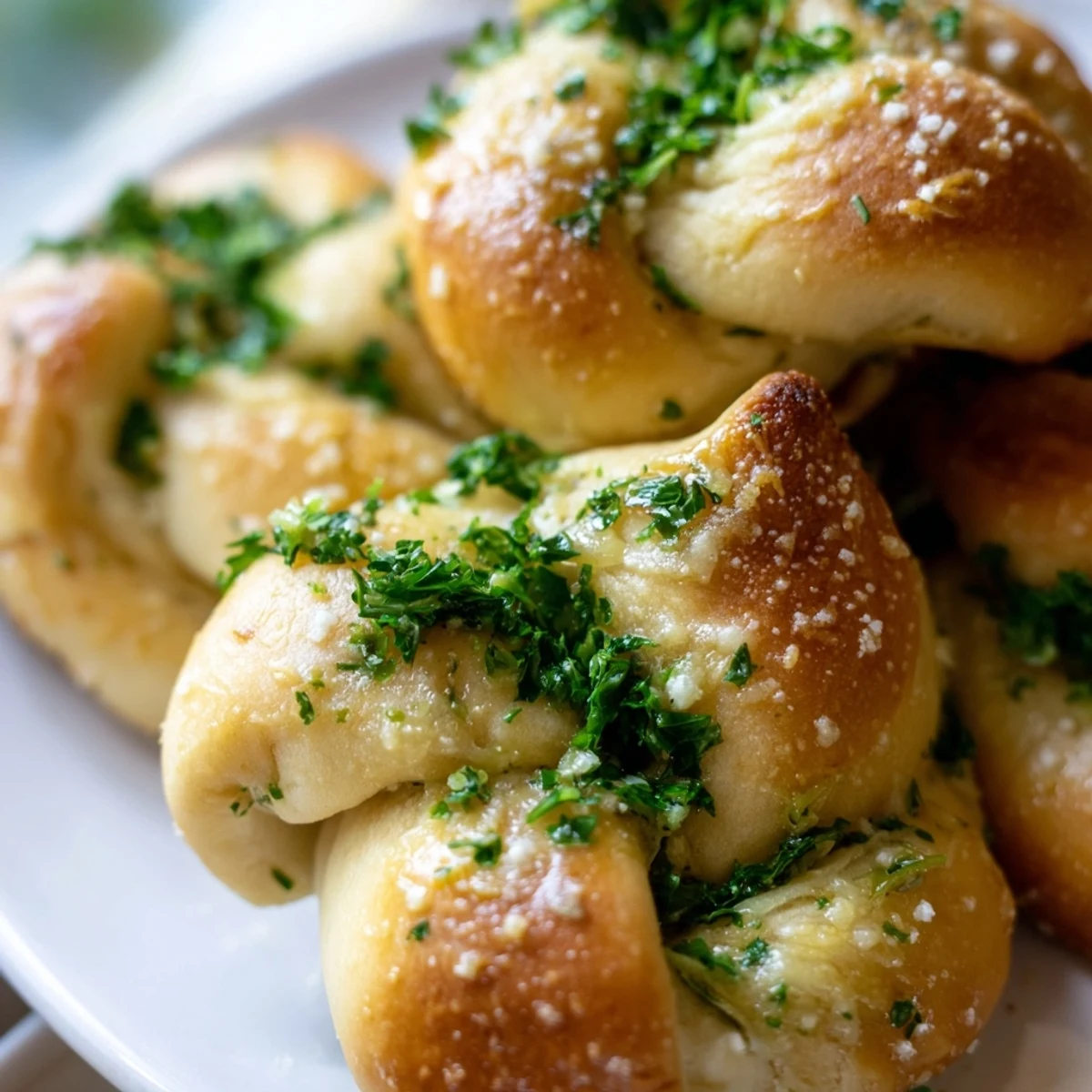 Warm gluten-free garlic knots topped with parmesan cheese and chopped parsley for serving