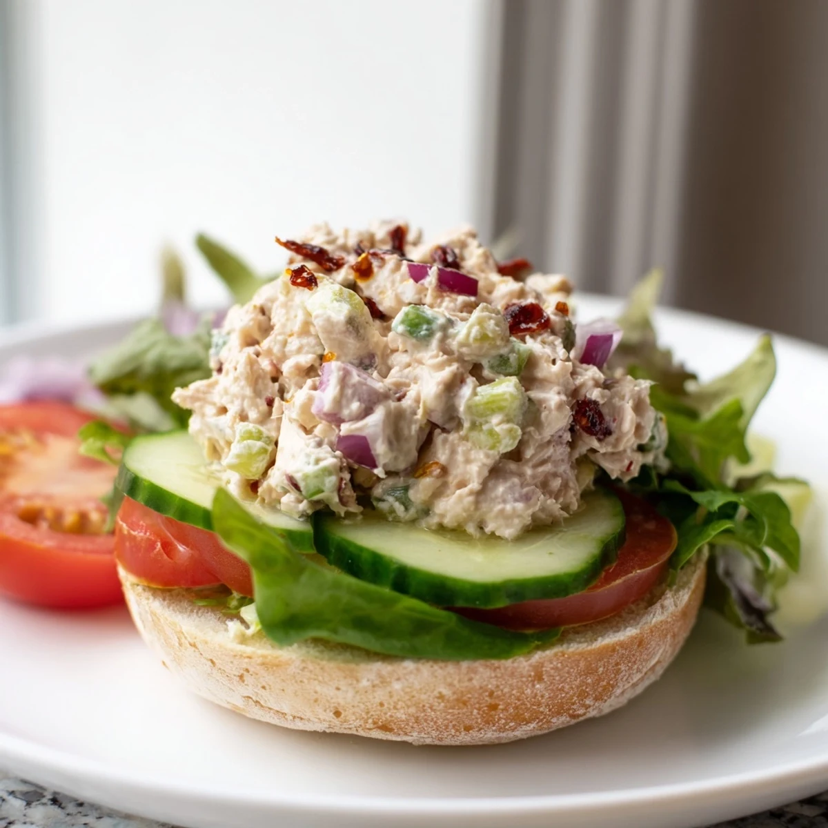 Golden chicken salad with spicy chili crisp layered between toasted bread slices with fresh greens