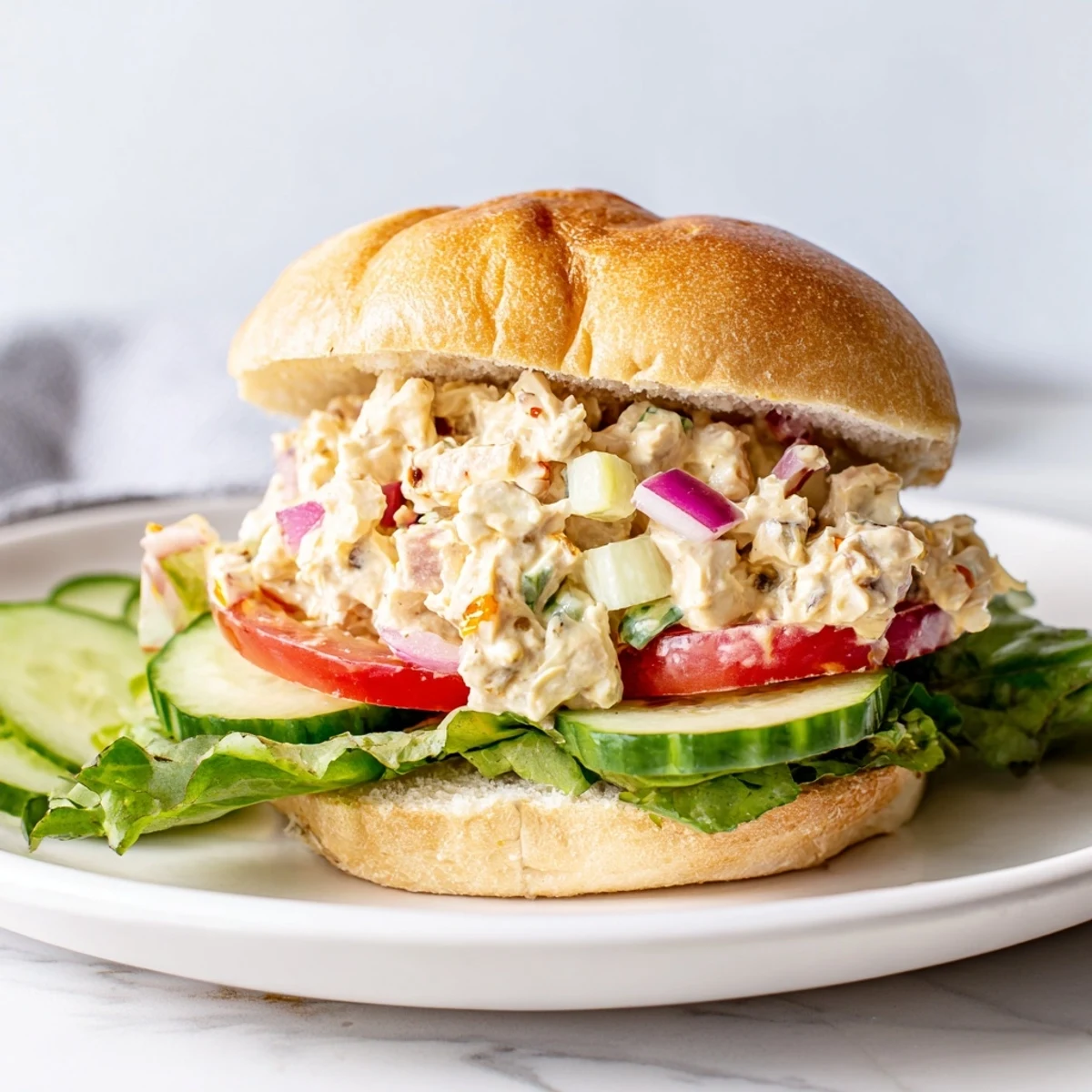 Open-faced chicken salad sandwich featuring crispy vegetables and a generous drizzle of chili crisp on top