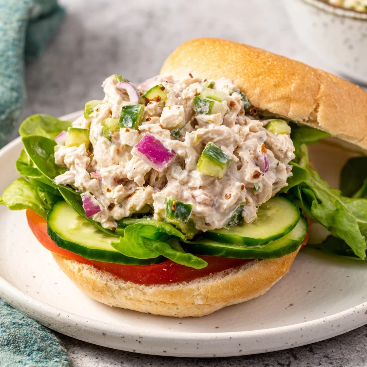 Creamy chicken salad mixed with chili crisp served on a sandwich roll with cucumber and tomato