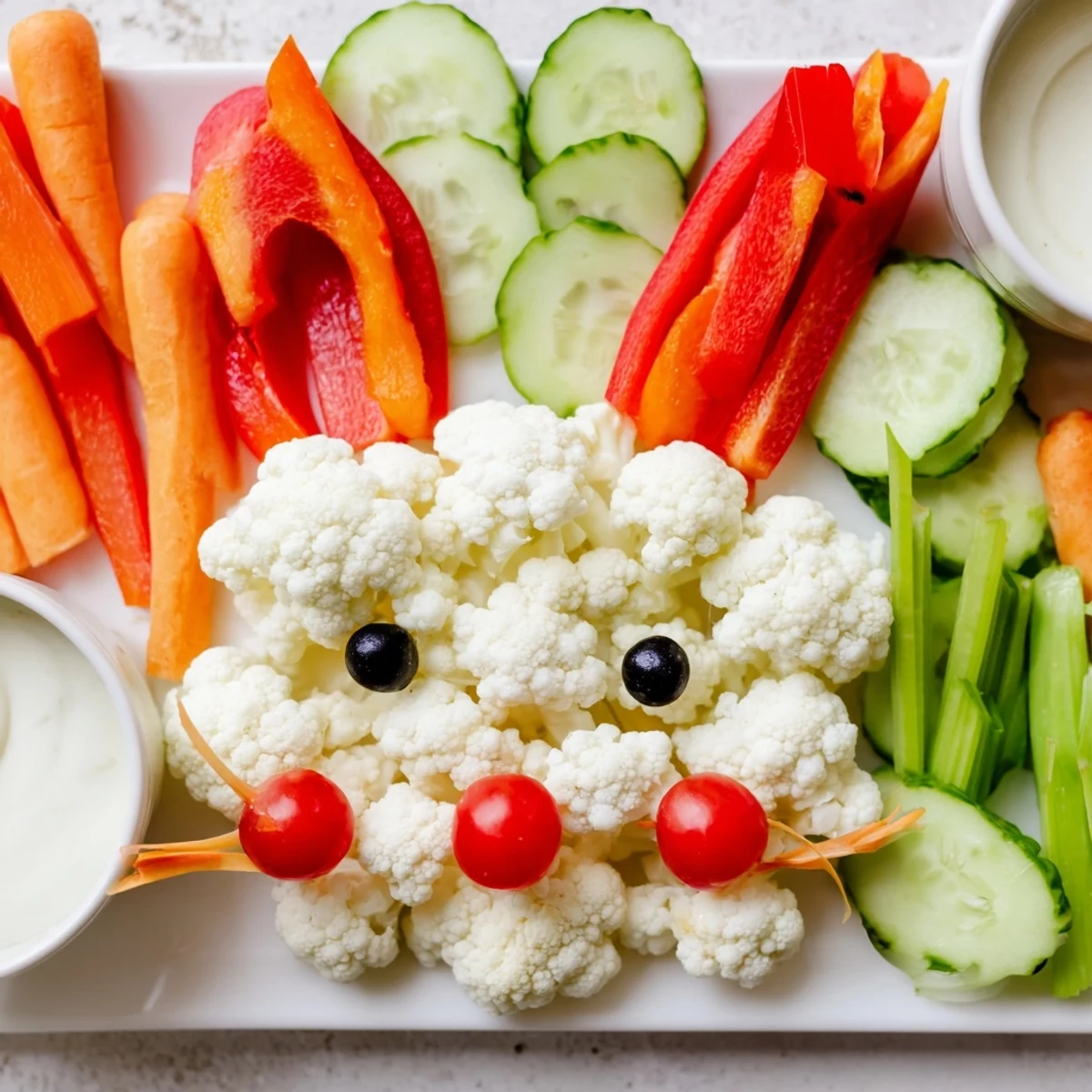 Festive Easter bunny veggie tray arranged with cauliflower, cucumbers, and colorful vegetables for spring appetizers