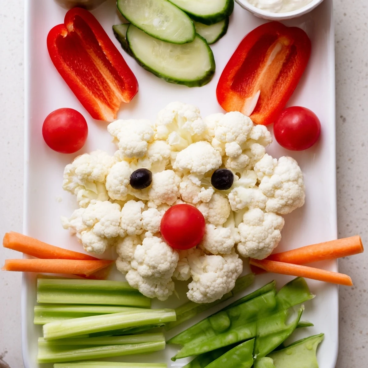 Healthy Easter appetizer display of cauliflower and cucumbers formed into an adorable bunny shape with dip