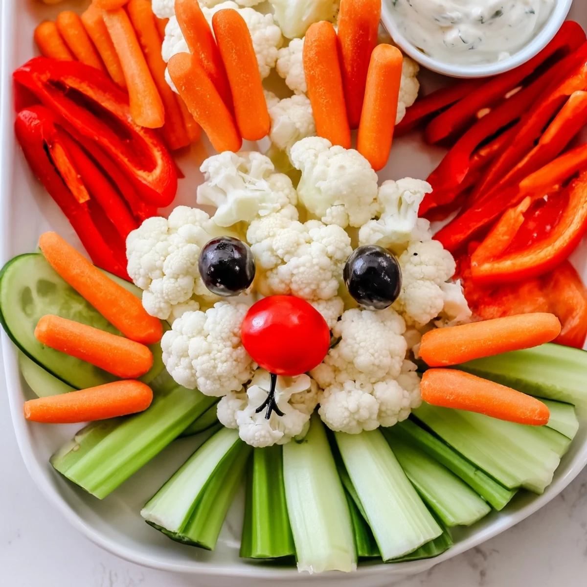 Creative vegetable platter shaped like a bunny featuring cherry tomatoes, bell peppers, and fresh crunchy veggies