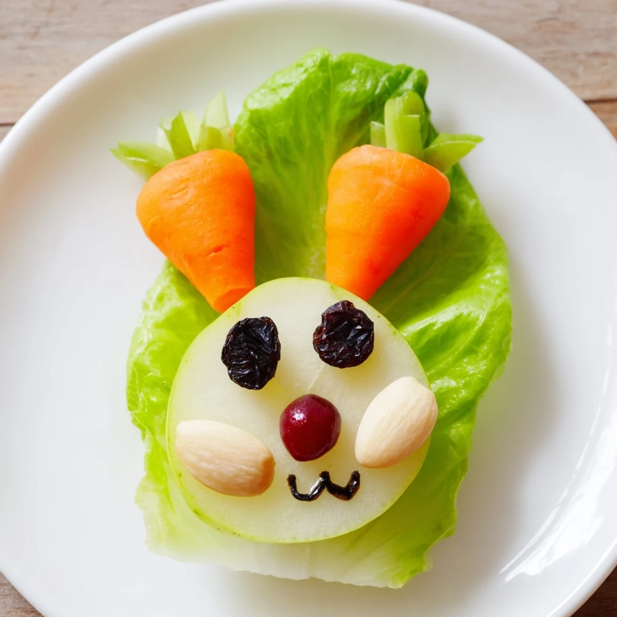 Juicy pear bunnies arranged on lettuce leaves with cottage cheese tails and almond ears