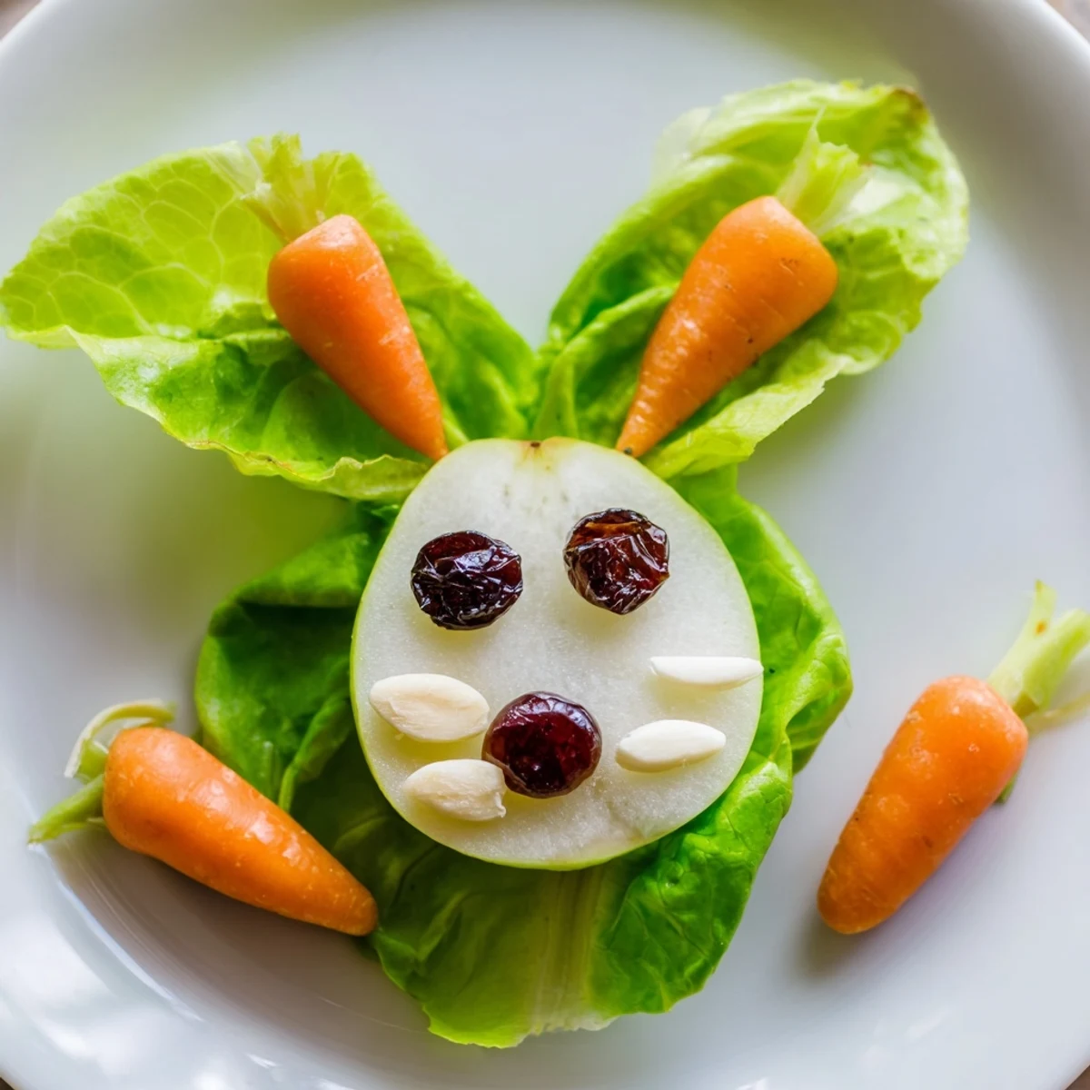 Whimsical pear bunny salad featuring carrot whiskers, raisin eyes, and cherry noses on green lettuce