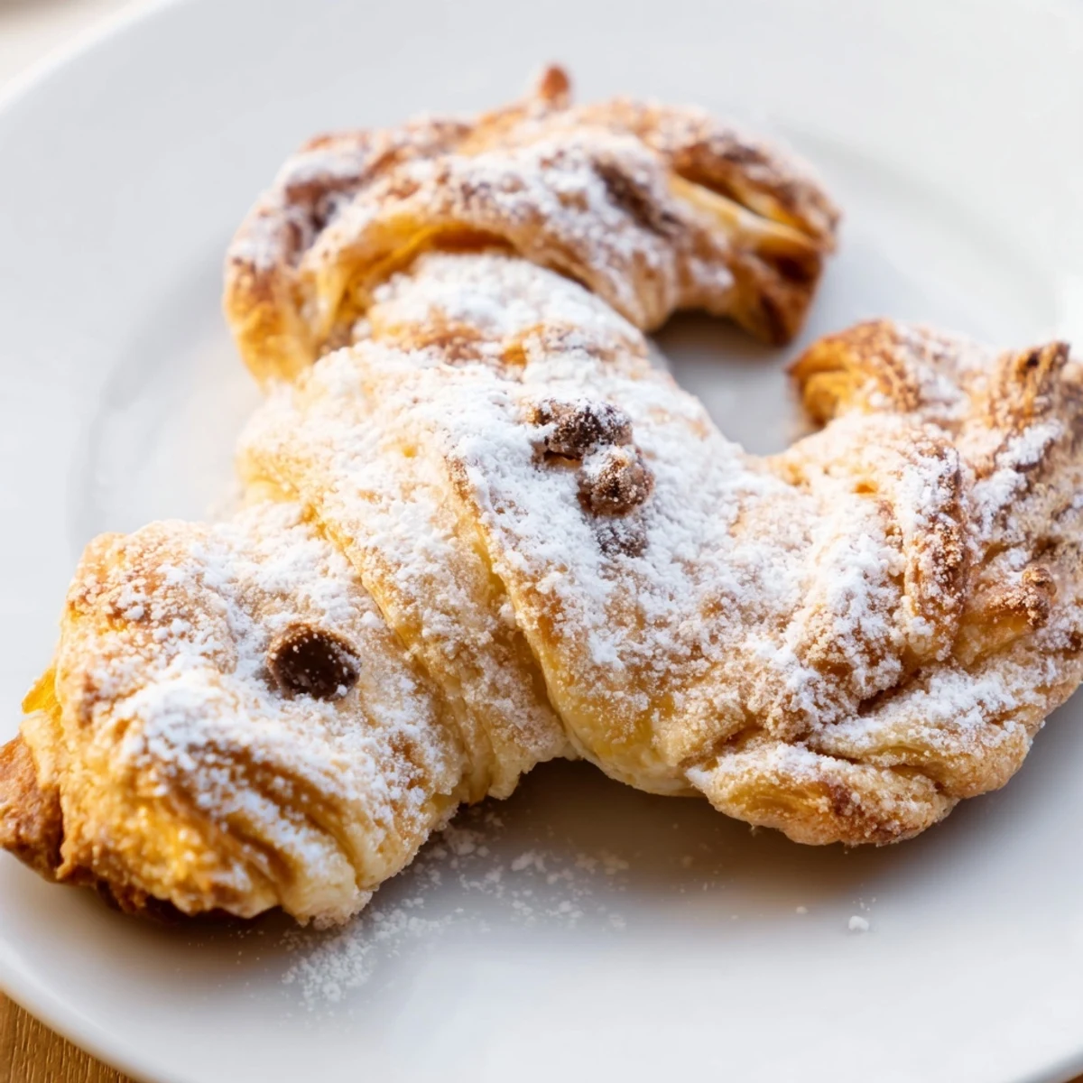 Flaky puff pastry bunny twists coated in sweet cinnamon sugar with chocolate chip eyes for festive Easter dessert