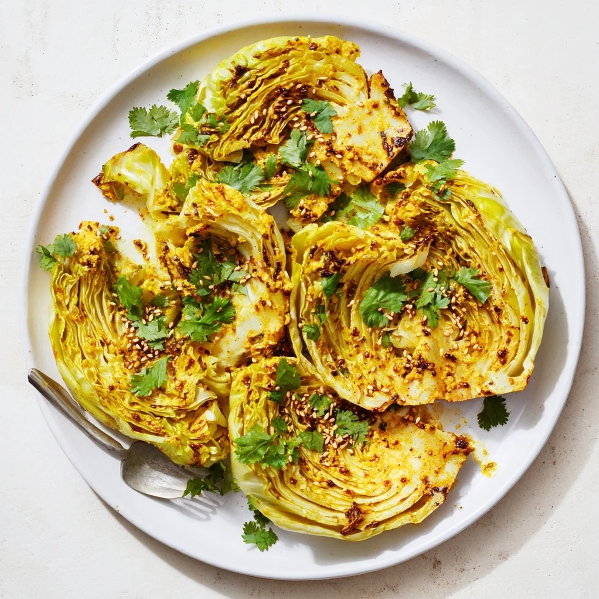 Golden roasted curry cabbage wedges with crispy edges and aromatic indian spices