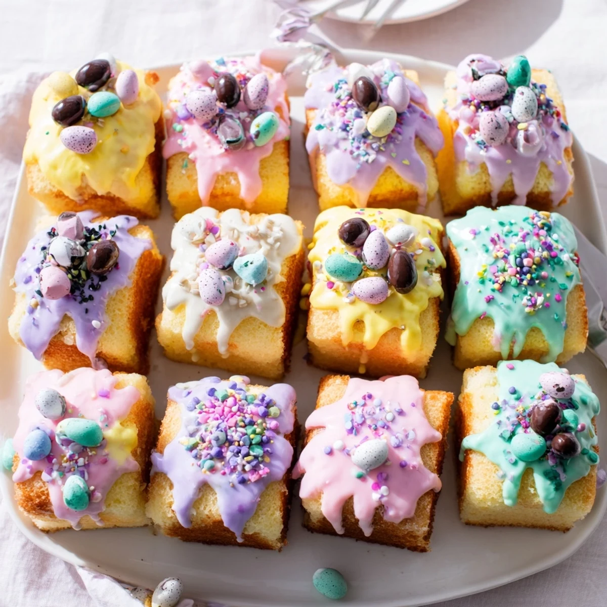 Mini Easter cakes topped with pastel pink and blue icing on white plate