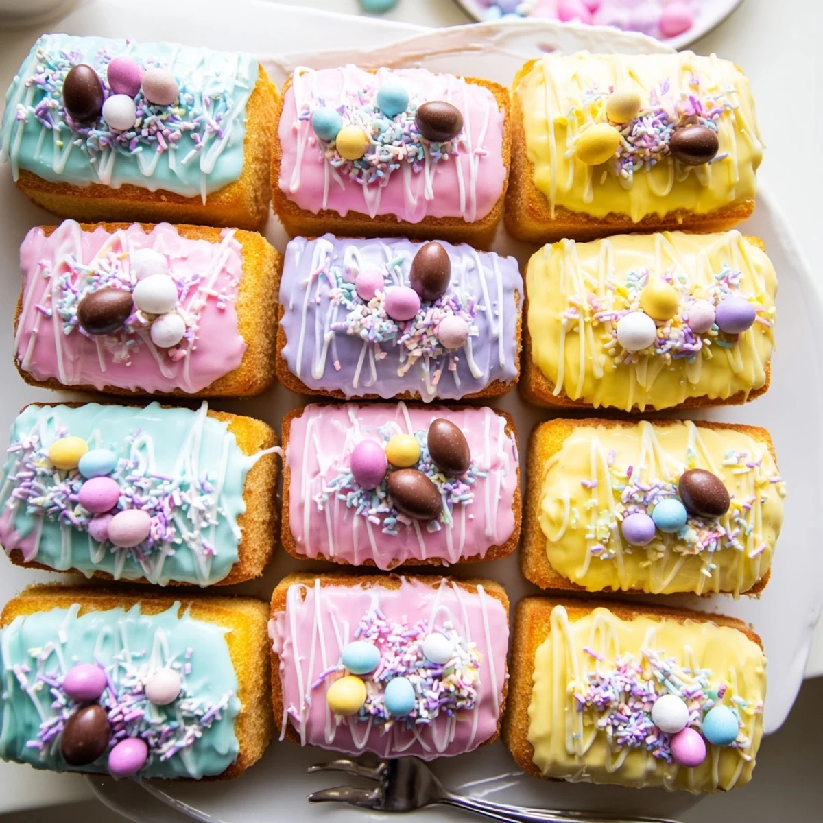 Colorful iced mini Easter cakes decorated with chocolate eggs and edible sprinkles