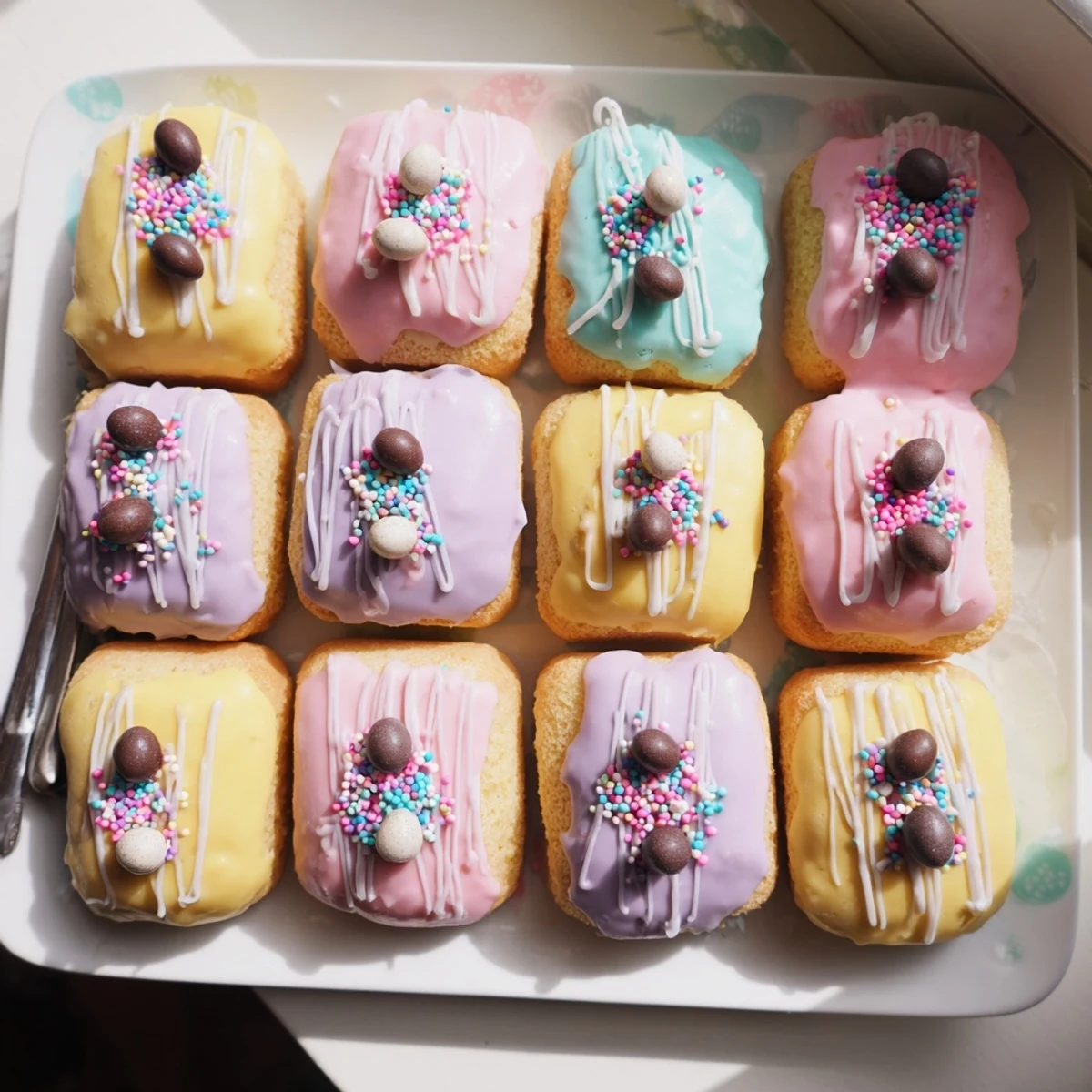 Freshly baked mini Easter cakes drizzled with pastel glaze and festive toppings