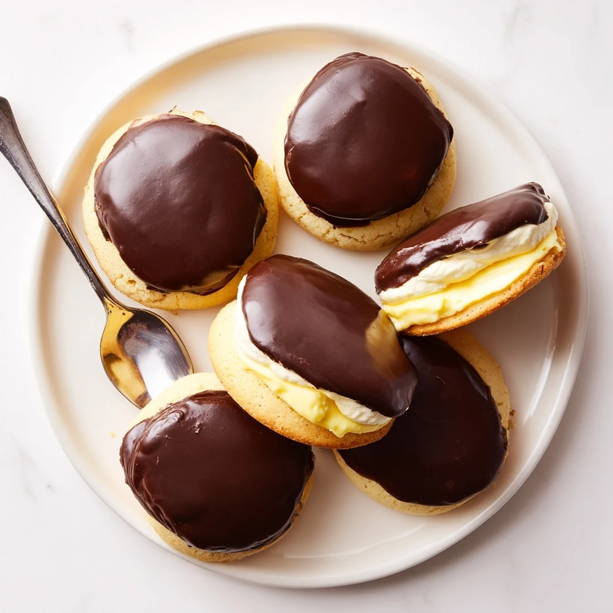 Bite-sized Boston cream pie cookie bites featuring soft vanilla cookies, vanilla custard filling, and glossy chocolate topping