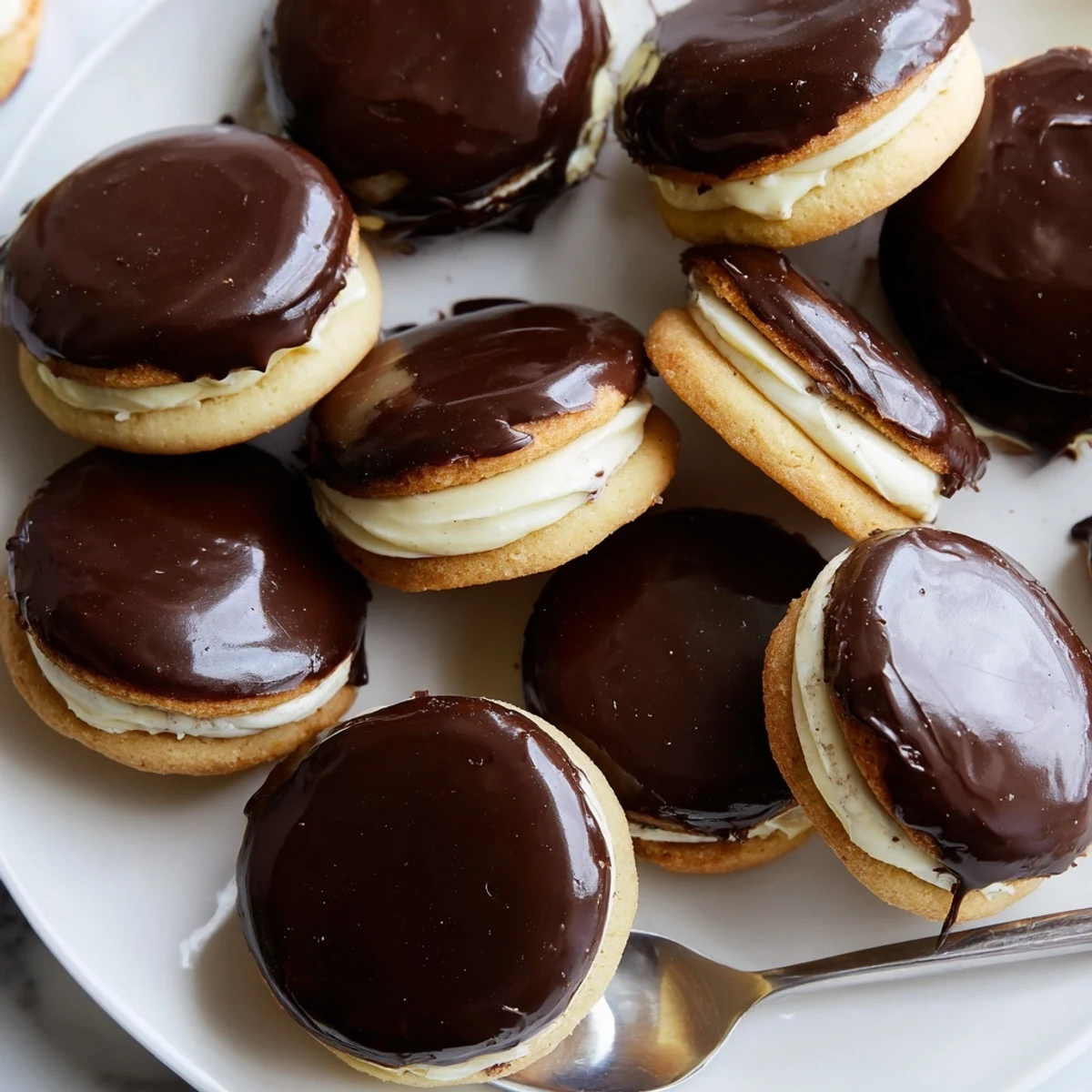 Delicious Boston cream pie cookie bites arranged on a white plate, showcasing chocolate glaze and custard filling