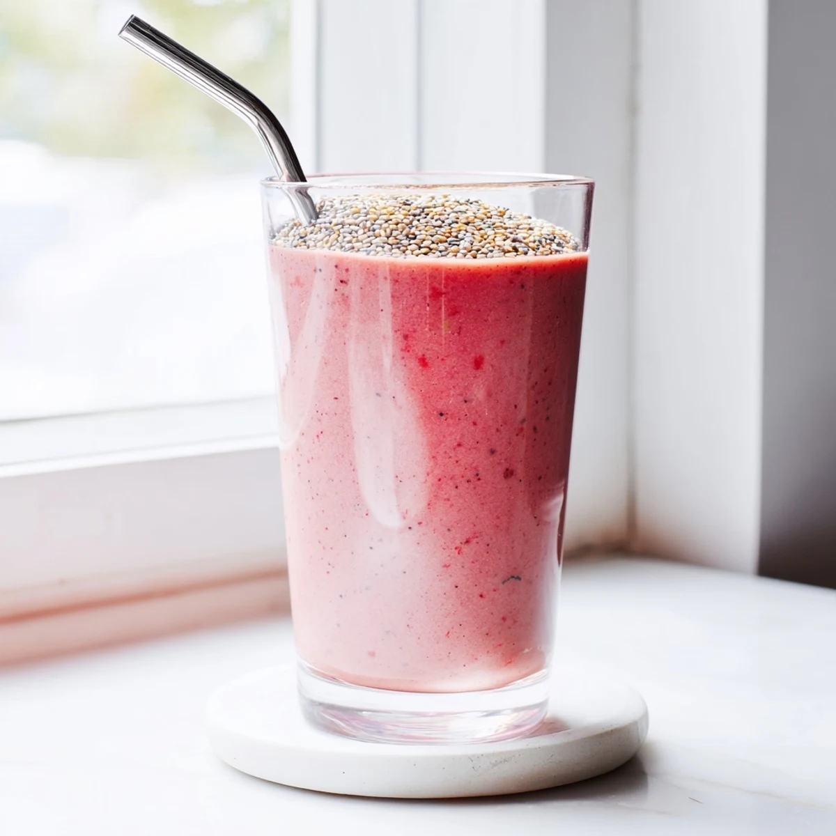 Creamy blended strawberry smoothie with Greek yogurt topped with chia seeds and vanilla drizzle