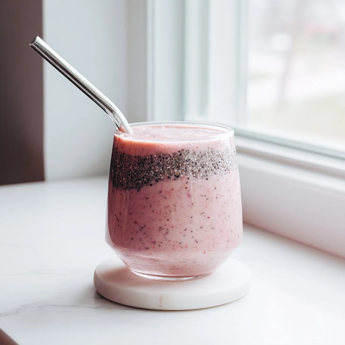 Thick pink strawberry smoothie with Greek yogurt poured into a glass garnished with fresh strawberry slices