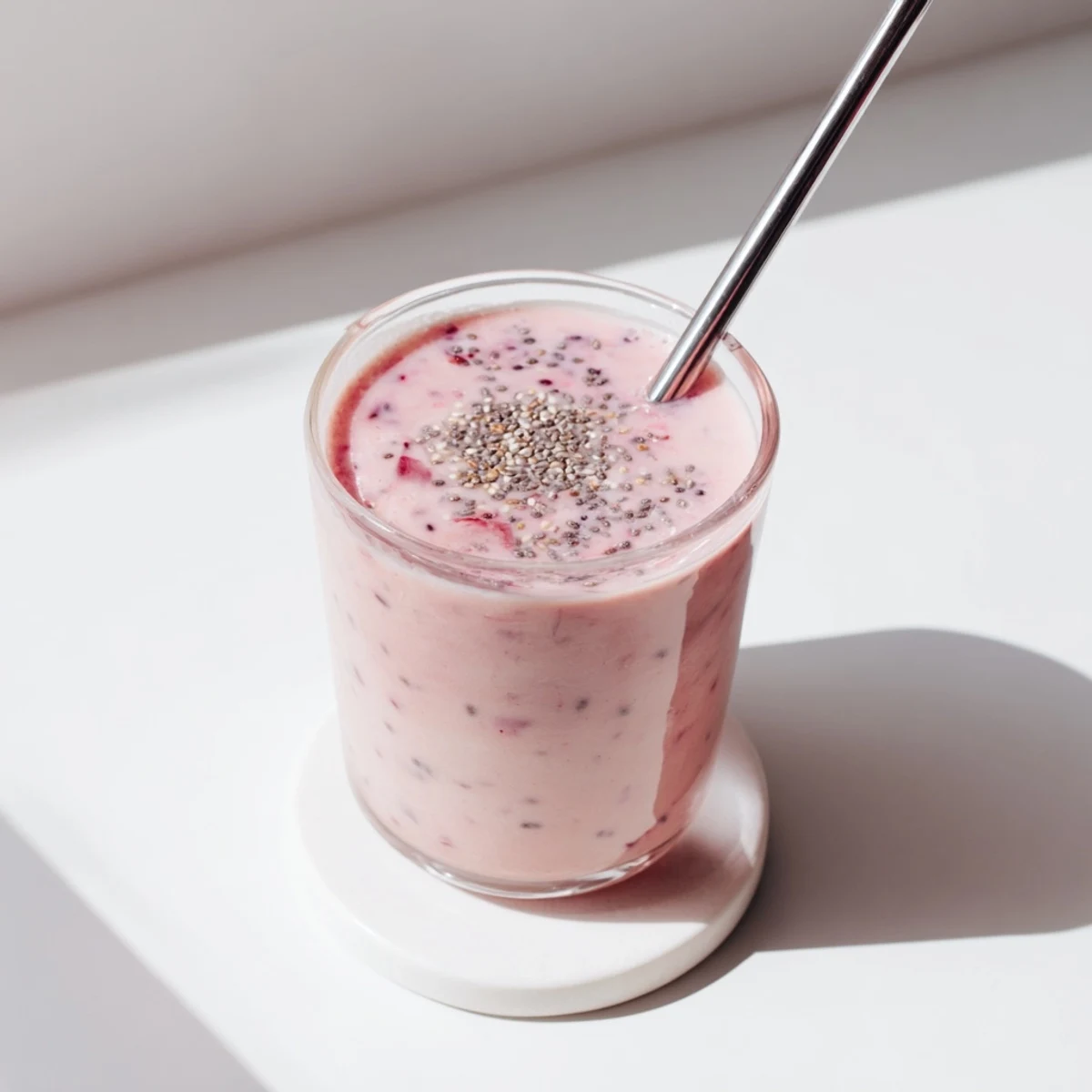 Two glasses of fresh strawberry Greek yogurt smoothie with banana served for healthy breakfast