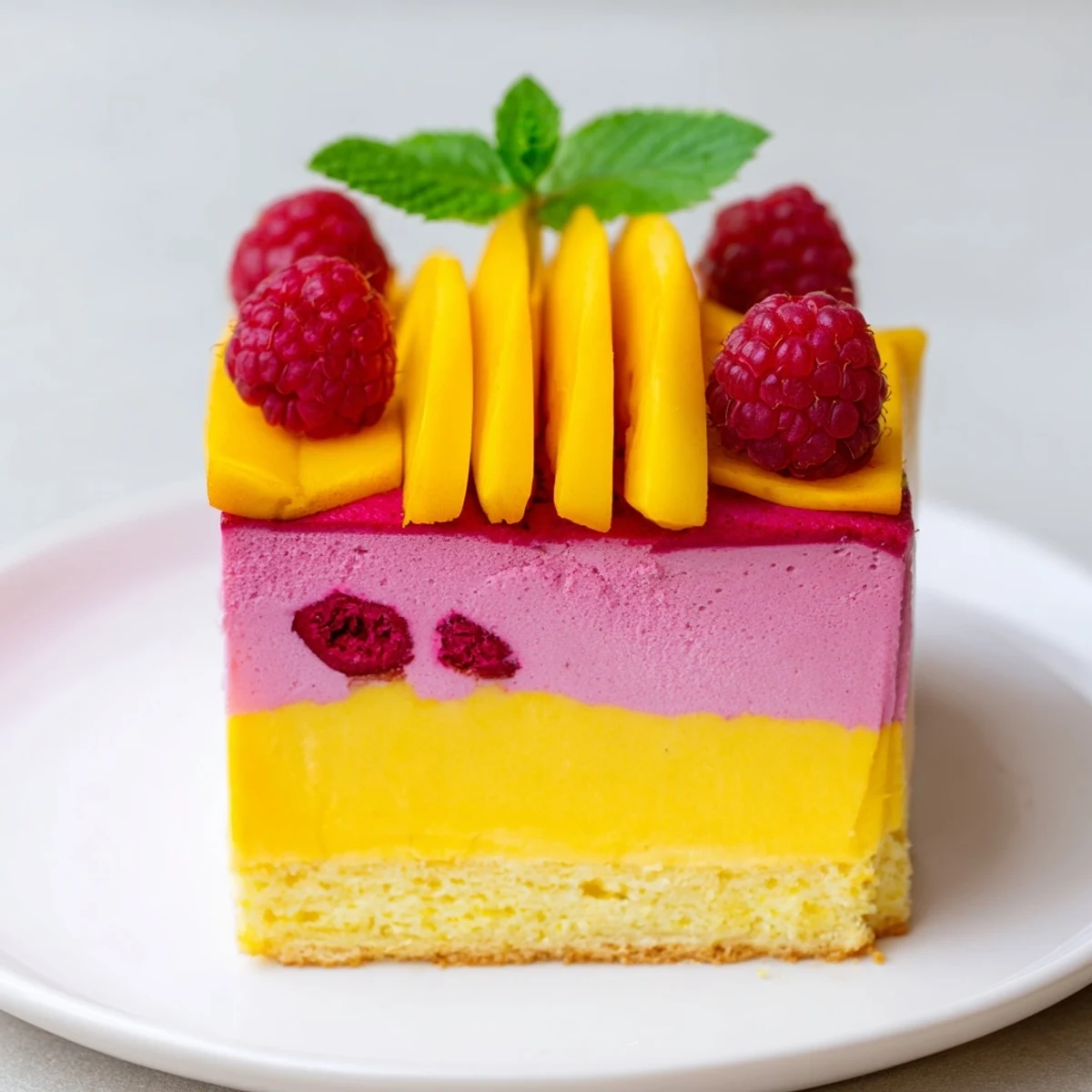 Slice of heavenly mango raspberry mousse cake revealing airy mango and raspberry layers on sponge base