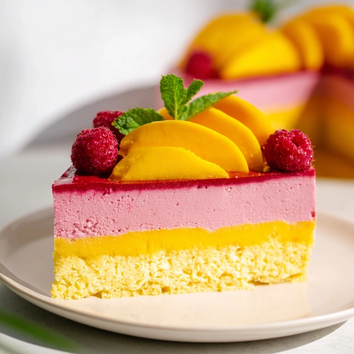 Summer dessert showing heavenly mango raspberry mousse cake with vibrant fruity layers and fluffy texture