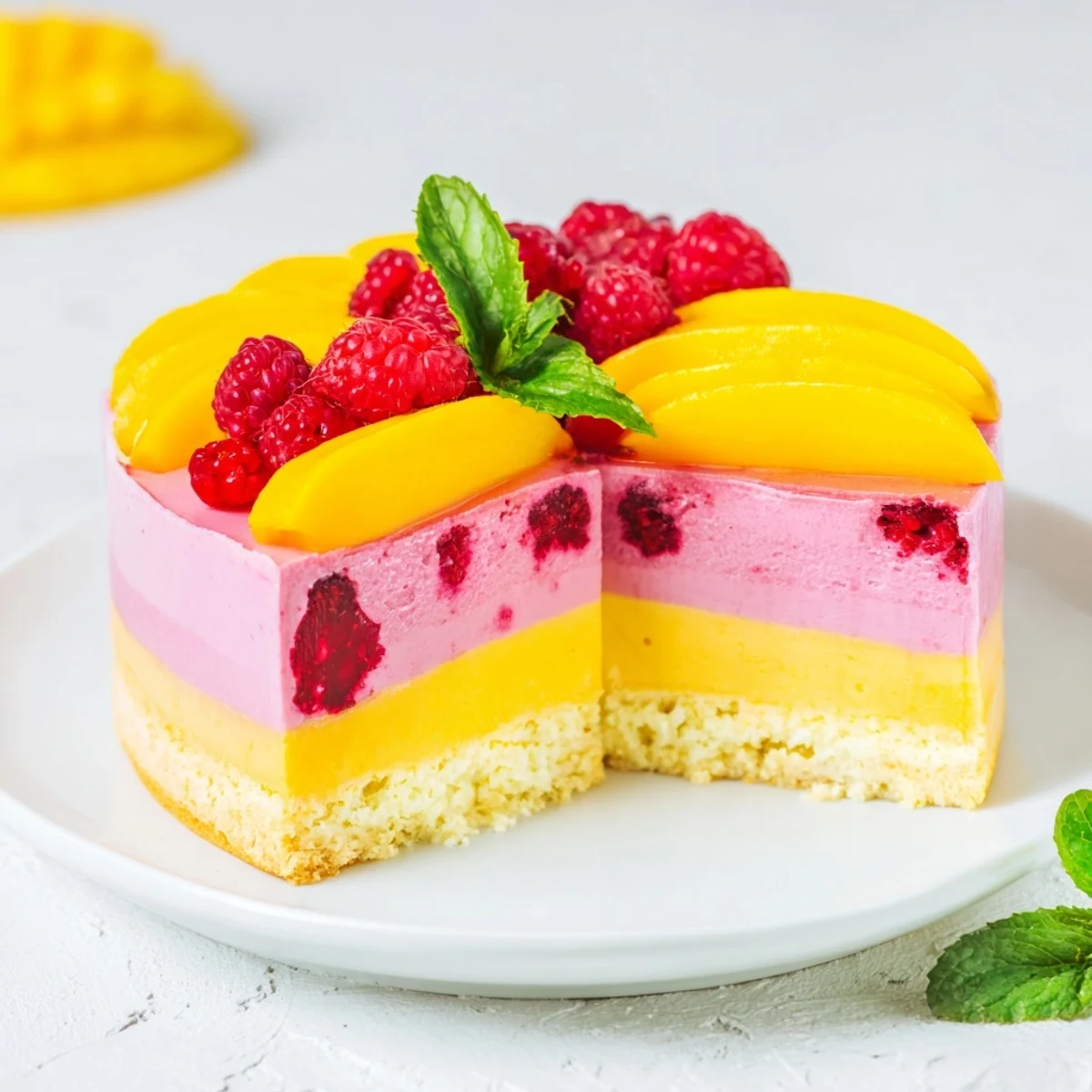 Tropical heavenly mango raspberry mousse cake garnished with fresh mango slices, raspberries, and mint leaves