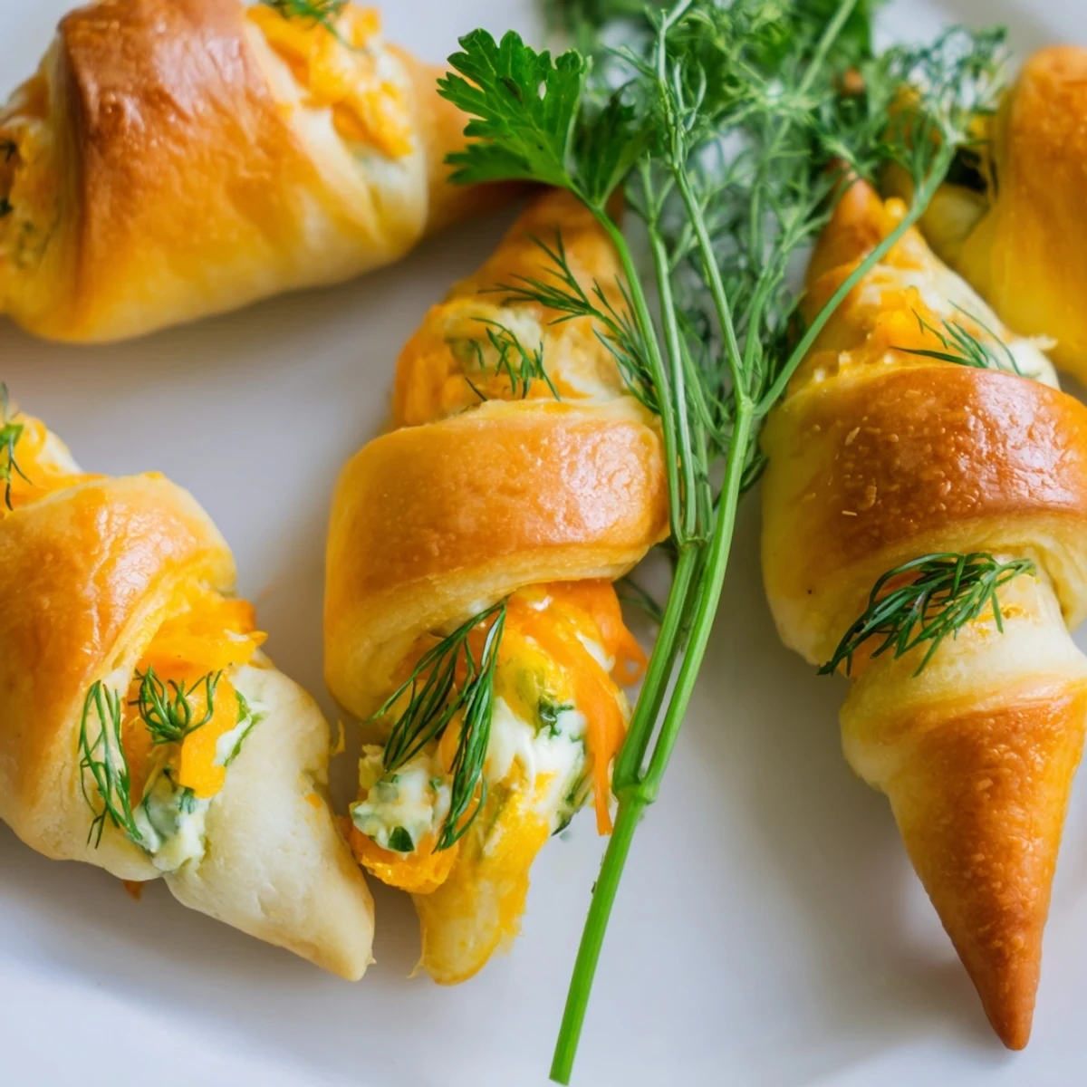 Golden brown stuffed crescent roll carrots filled with creamy herbed cheese and topped with fresh parsley