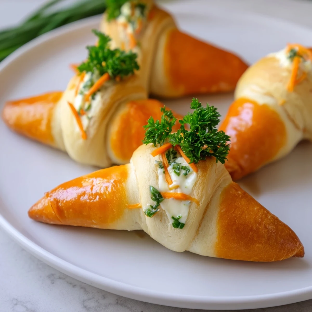 Orange baked crescent carrots pipe filled with savory cream cheese mixture garnished with green parsley sprigs