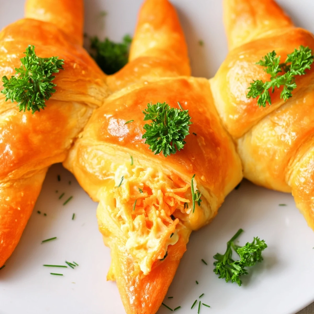 Flaky pastry shaped carrots stuffed with herb cream cheese filling arranged on white serving platter