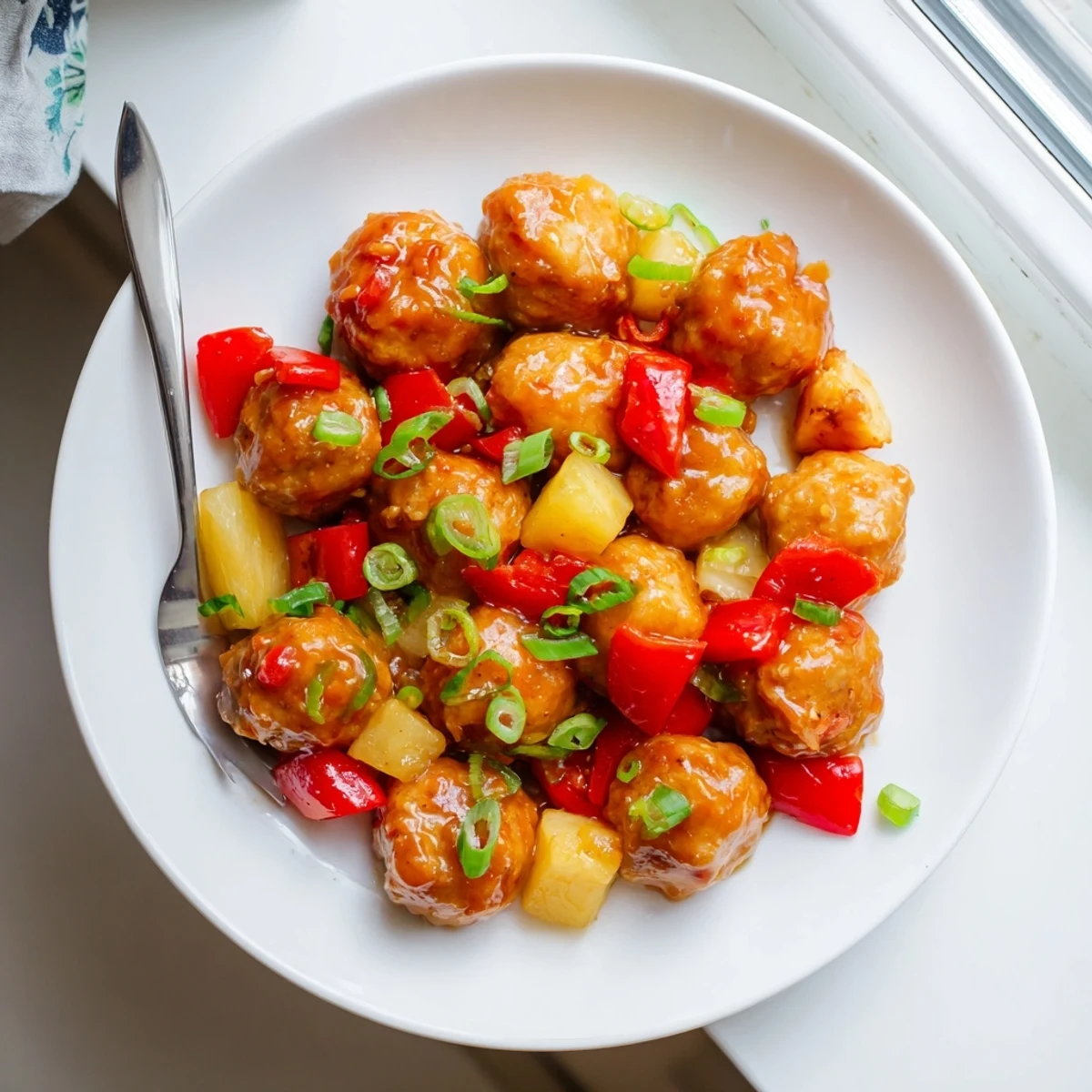 Golden pineapple chicken meatballs coated in glossy sweet and tangy sauce with red pepper chunks