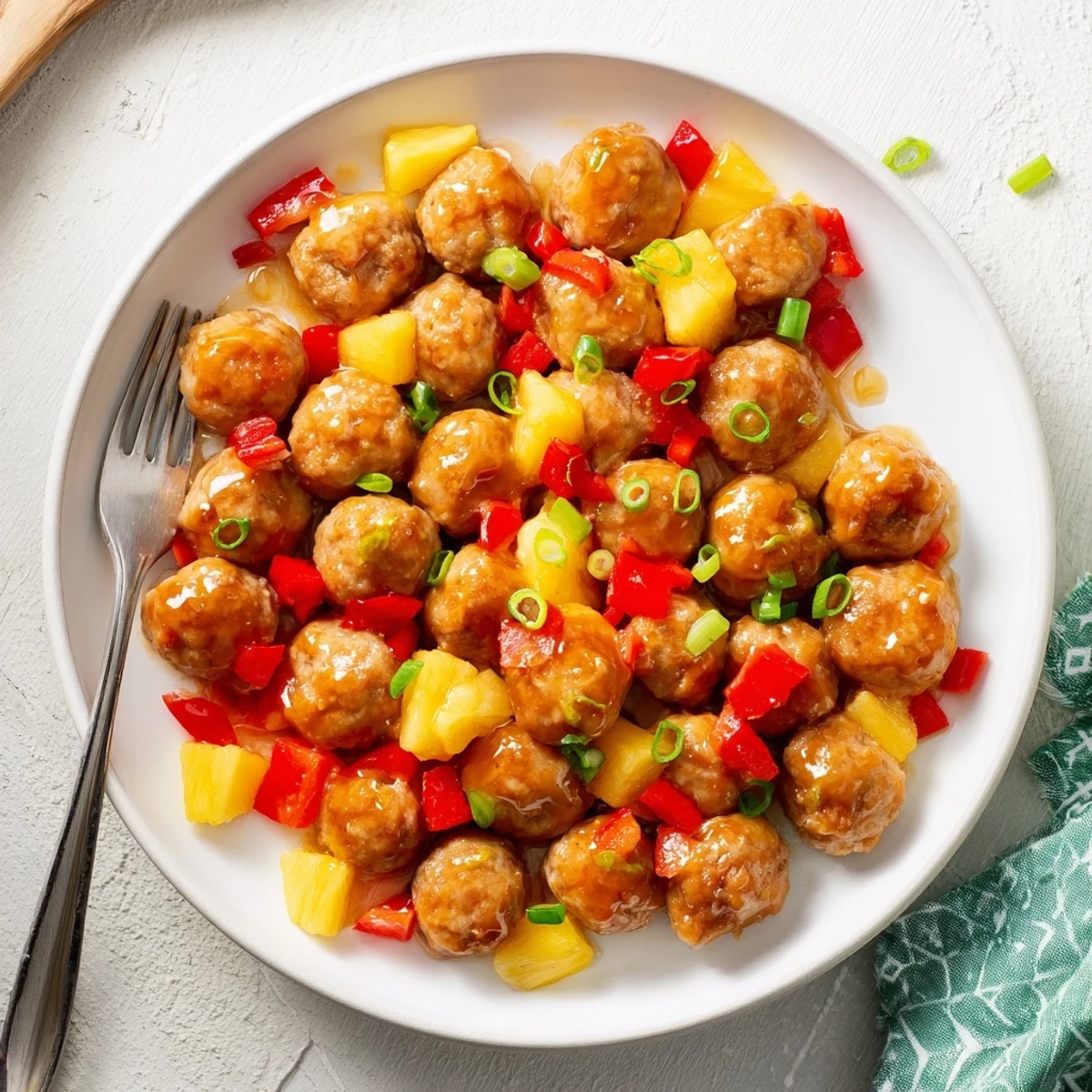 Juicy baked turkey meatballs simmered in thick pineapple glaze with colorful bell pepper pieces