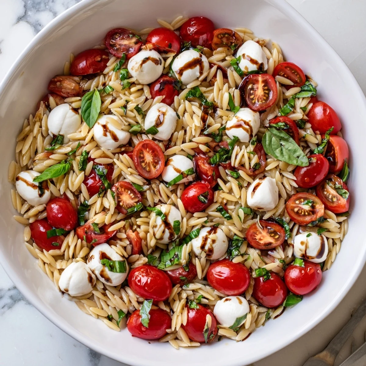 Caprese orzo pasta salad featuring juicy cherry tomatoes, fresh mozzarella balls, and fragrant basil leaves