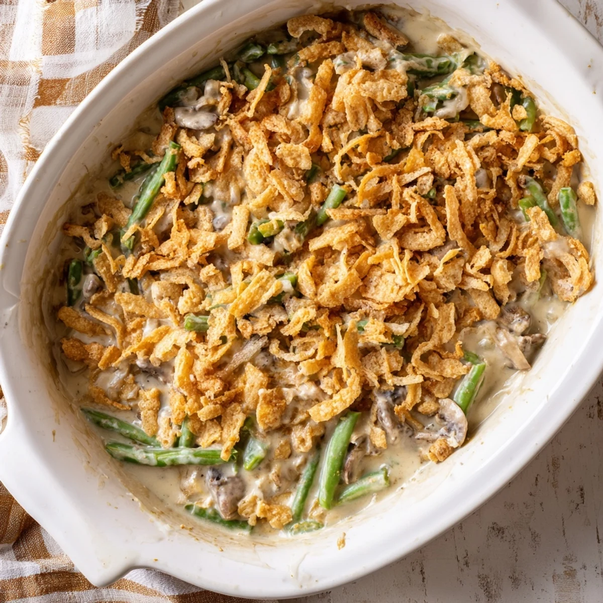 Comforting green bean casserole featuring tender beans in rich sauce topped with crispy toasted Ritz cracker crumbs