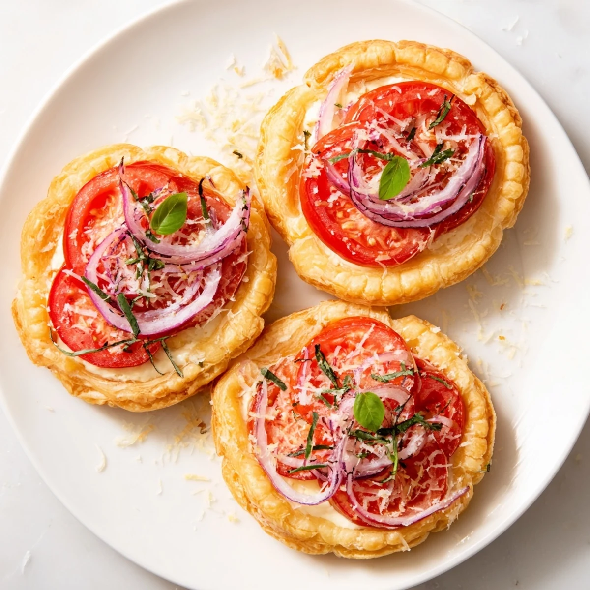 Buttery baked tomato tartlets arranged on a white platter with basil garnish