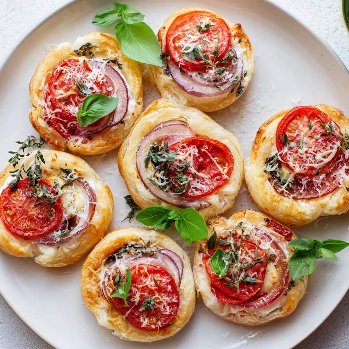Golden puff pastry tartlets topped with juicy tomatoes, melted cheese, and fresh green herbs