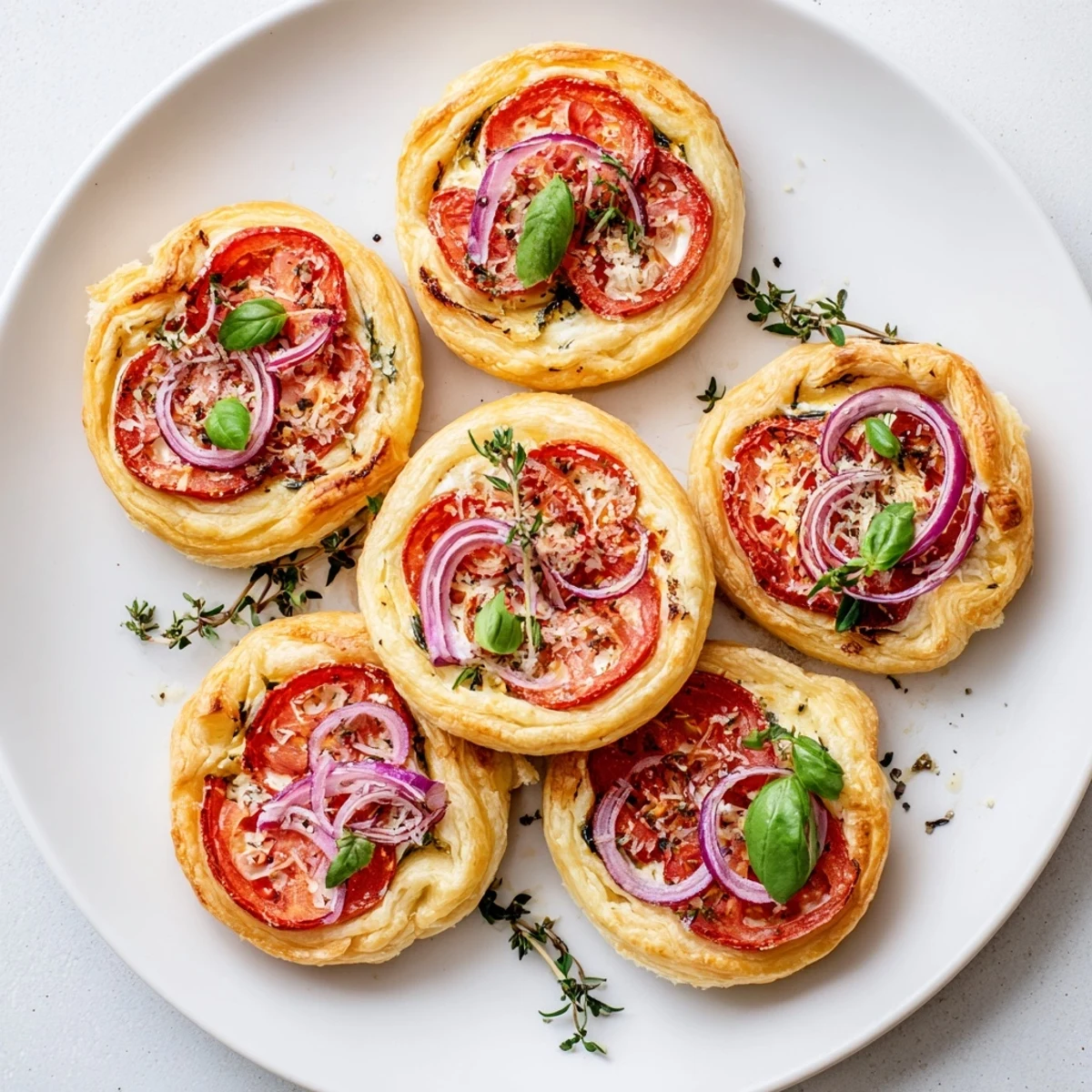 French appetizer featuring crisp pastry shells layered with ripe tomato slices and creamy goat cheese