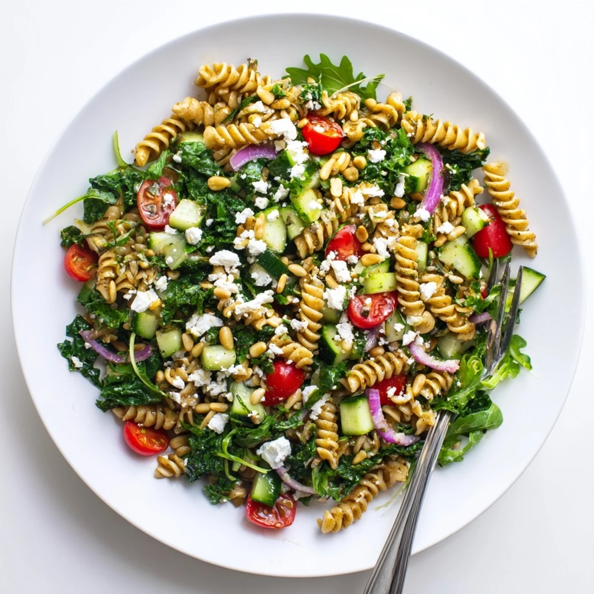 Colorful summer pasta salad with baby greens, cherry tomatoes, and crisp vegetables tossed in lemon-herb dressing