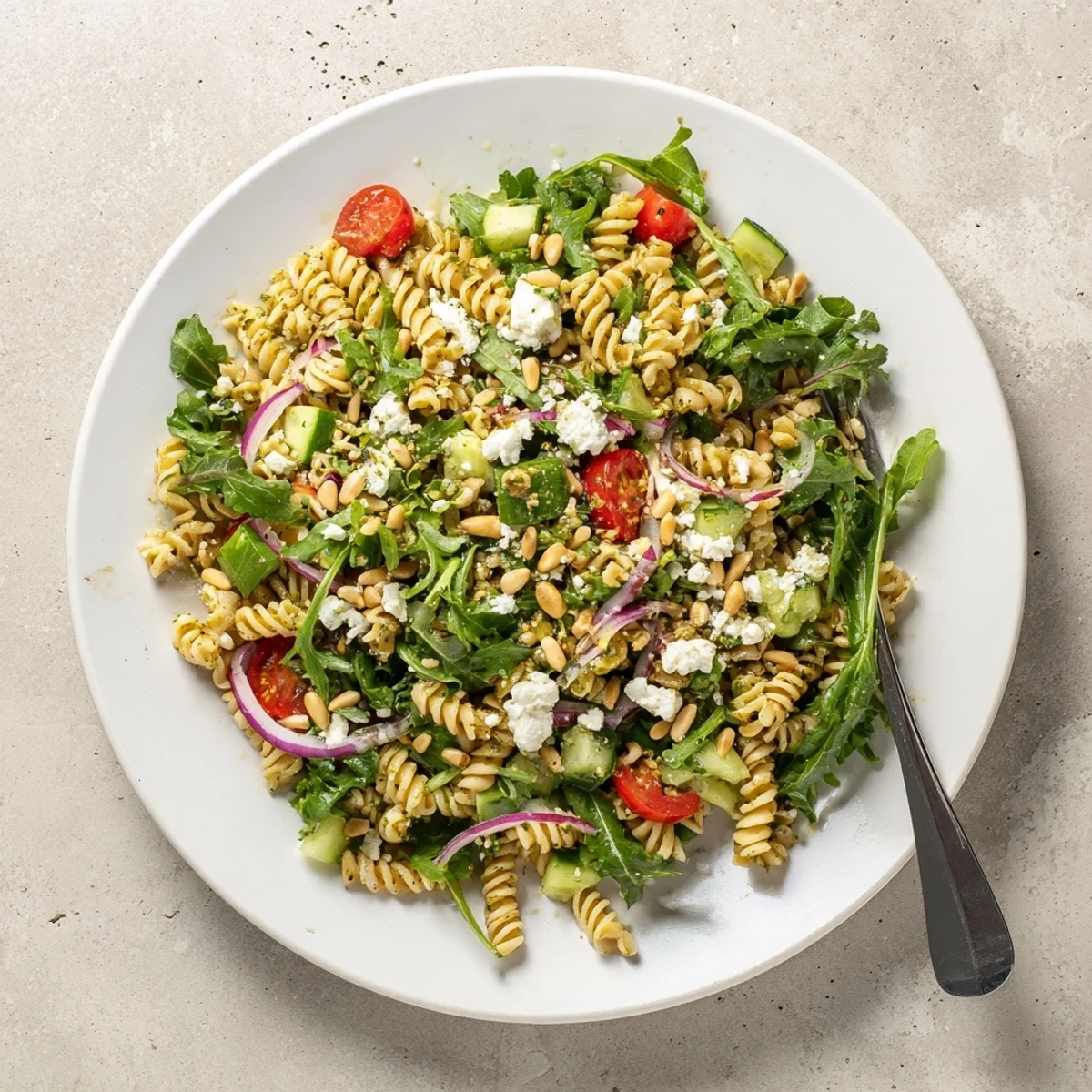 Vibrant bowl of summer pasta salad with baby greens, red bell pepper, cucumber, and tangy lemon vinaigrette