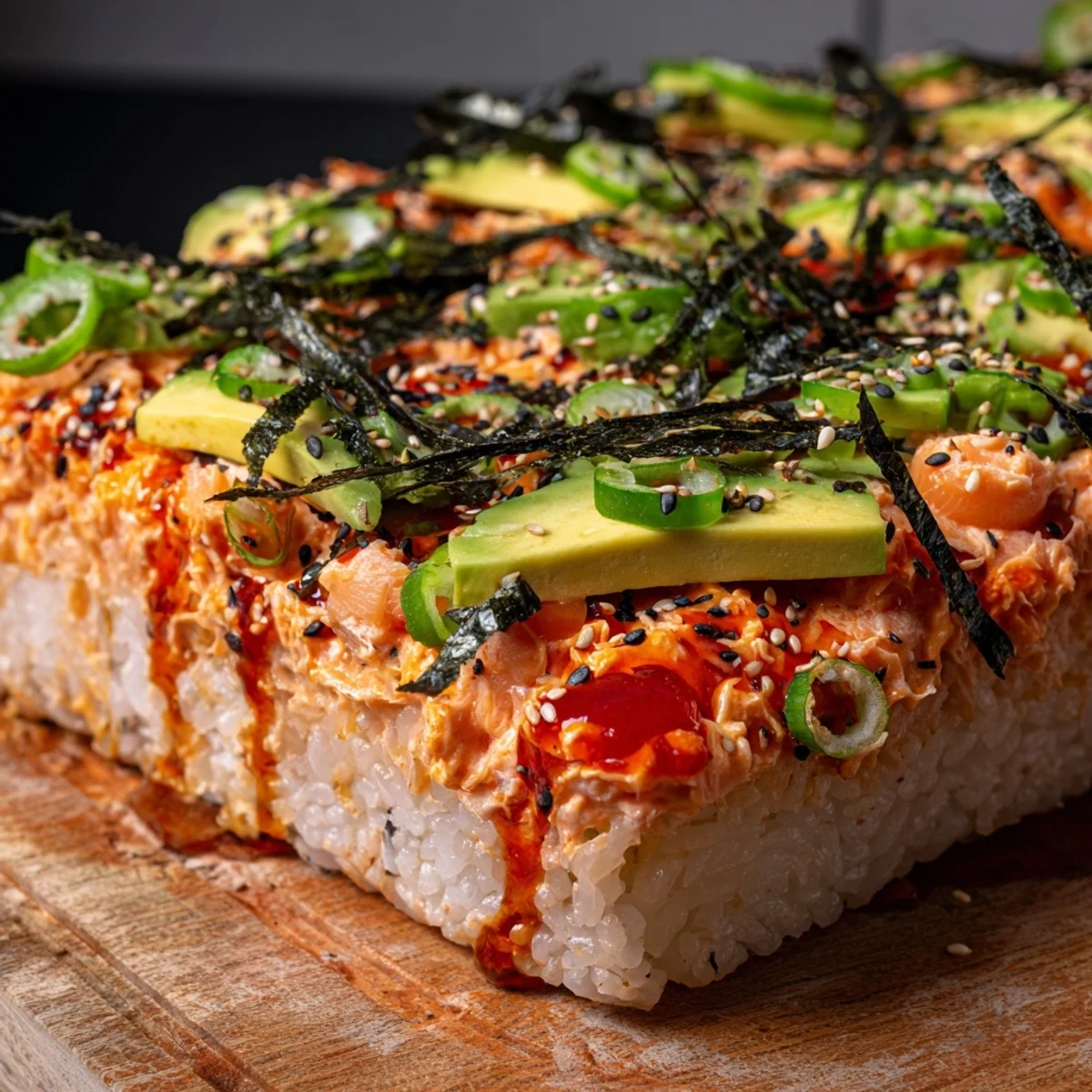 Golden salmon sushi bake casserole topped with creamy spicy mayo and fresh avocado slices