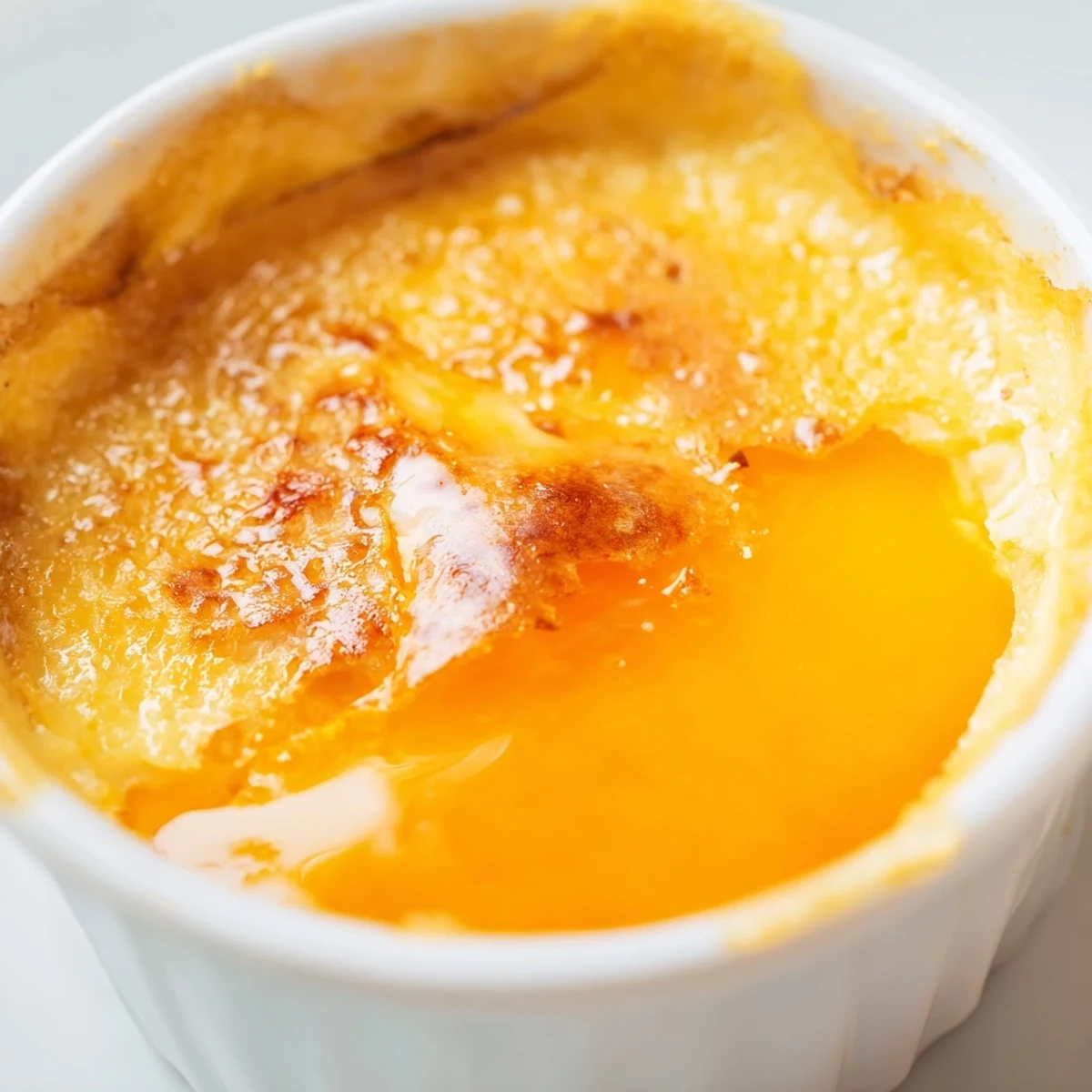 Silky smooth persimmon crème brûlée custard sits beneath a perfectly torched amber sugar layer in individual ramekins