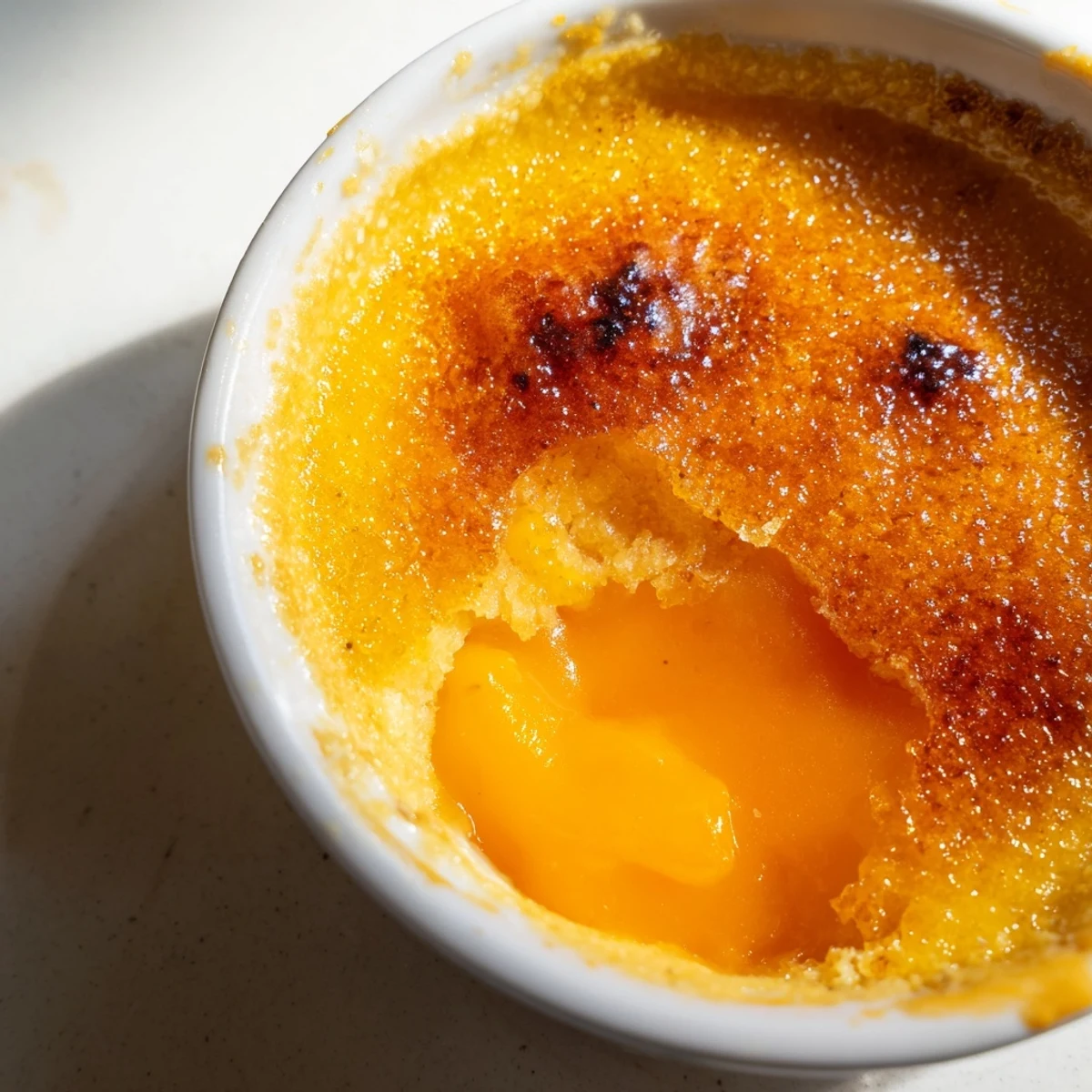 French-inspired persimmon crème brûlée featuring sweet persimmon puree hidden beneath a shattering crisp caramelized sugar topping