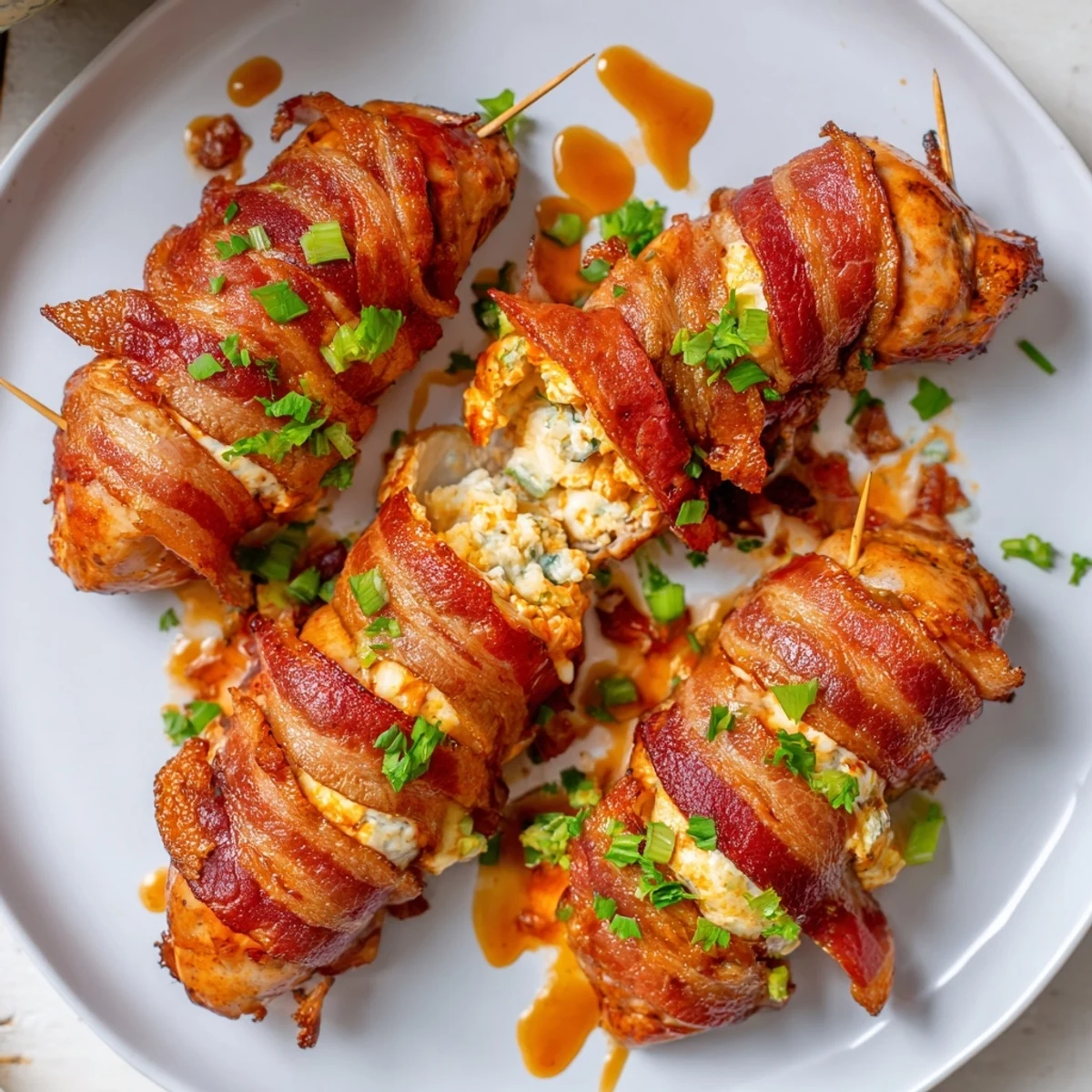 Crispy bacon-wrapped Buffalo chicken bombs oozing with spicy cheese filling on a white platter
