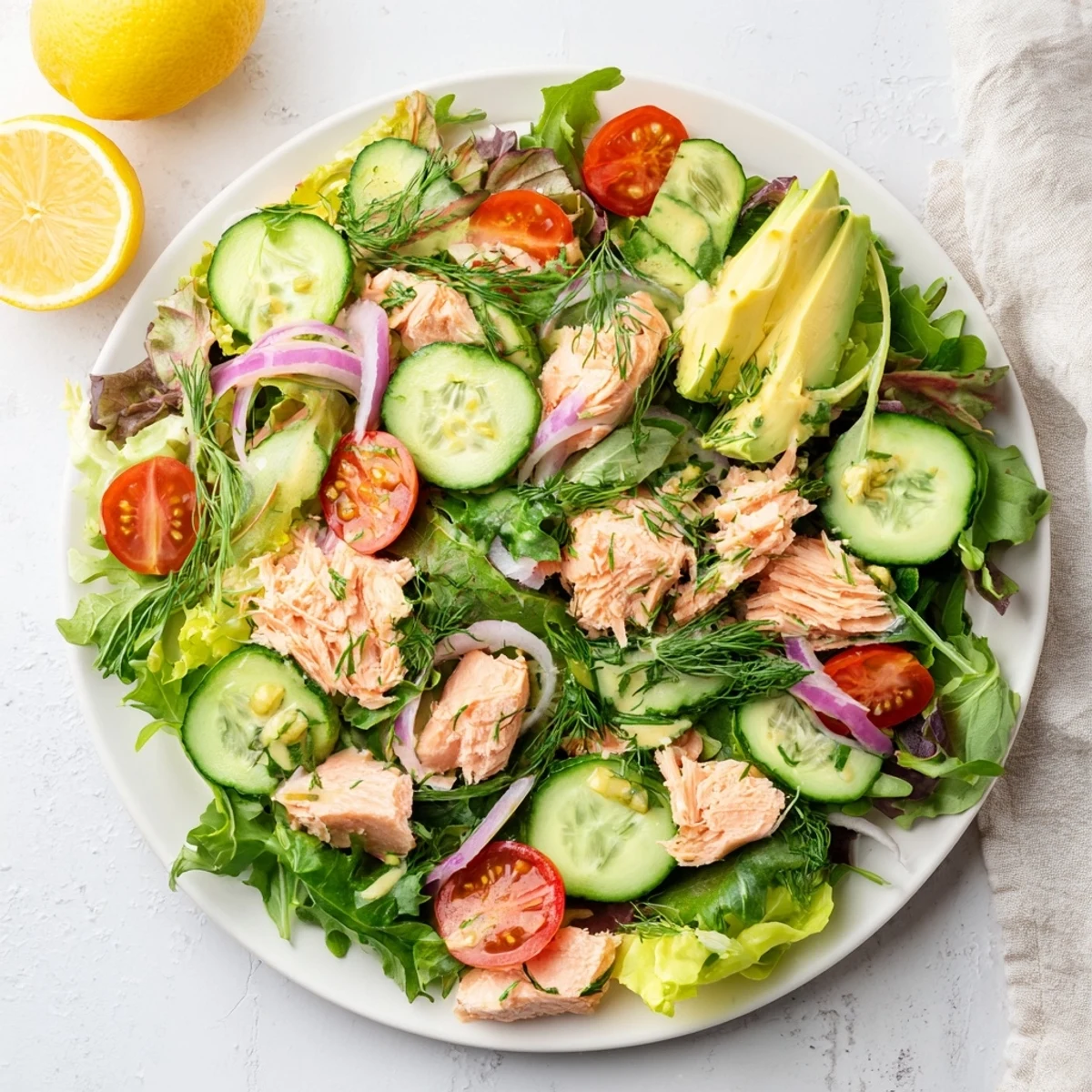 Flaked pink salmon chunks tossed over mixed greens with fresh vegetables and zesty lemon dressing