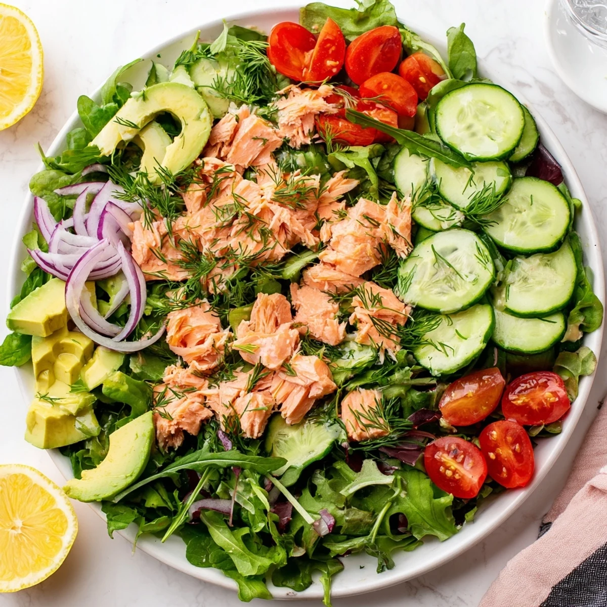Bowl of minute salmon salad featuring avocado, cucumber, cherry tomatoes, and honey mustard dressing