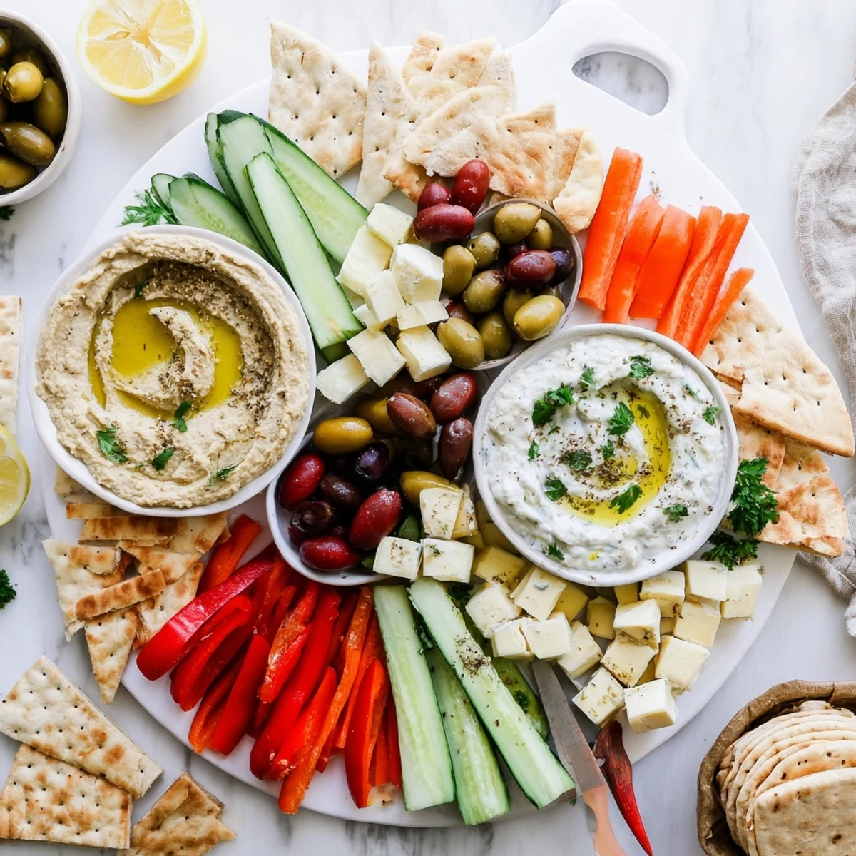 Colorful Mediterranean Mezze Tapas Platter featuring hummus, vegetables, olives, and warm pita bread arranged on a wooden board