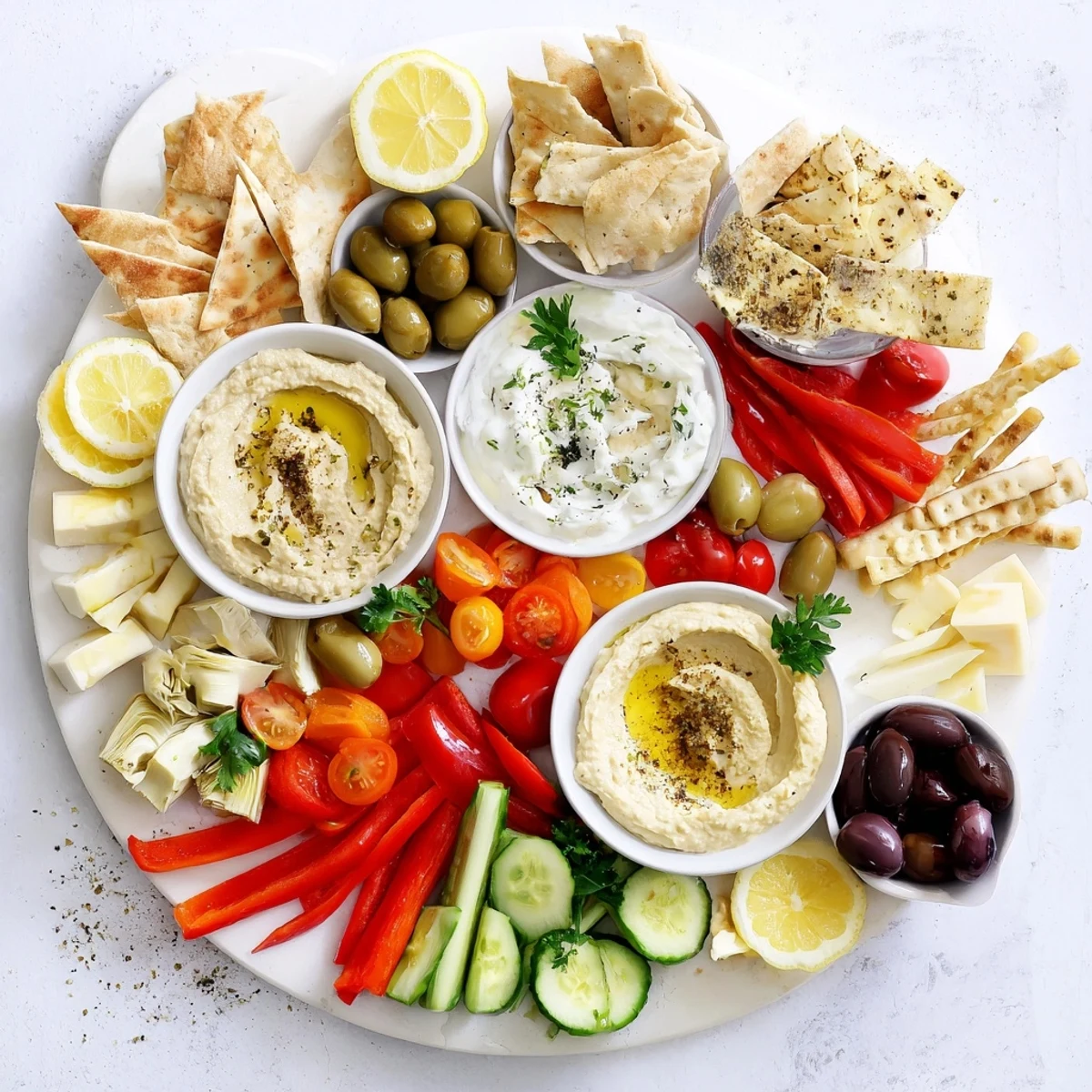 Rustic sharing board with Mediterranean Mezze Tapas Platter displaying creamy dips, fresh crudités, feta cheese, and golden bread wedges