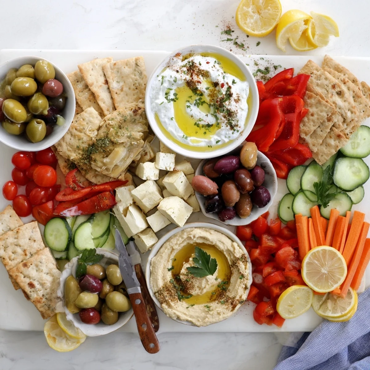 Vibrant appetizer spread of Mediterranean Mezze Tapas Platter with tzatziki, cherry tomatoes, artichokes, and crackers for entertaining