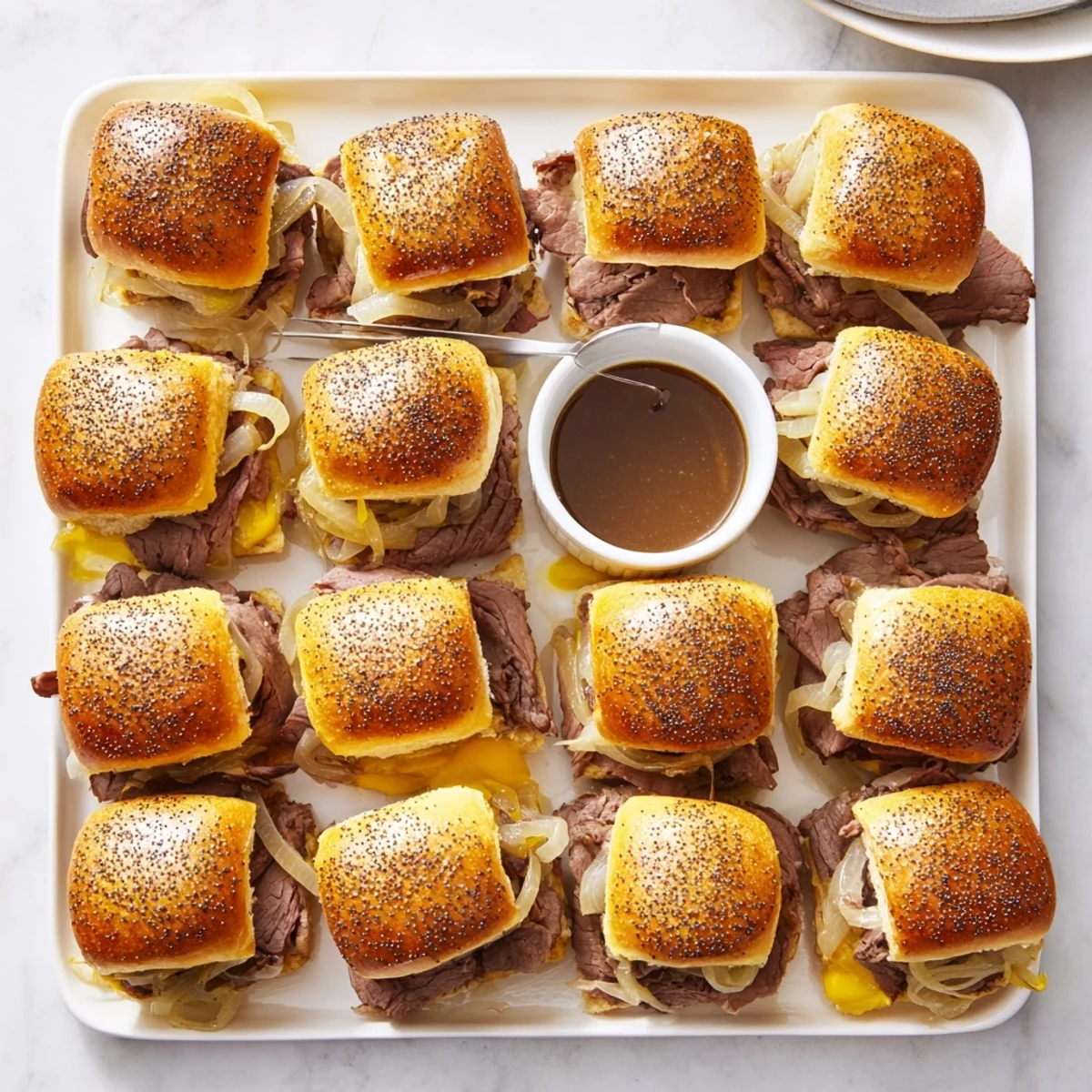 Golden brown French dip sliders stacked with roast beef and bubbling provolone cheese on a baking sheet