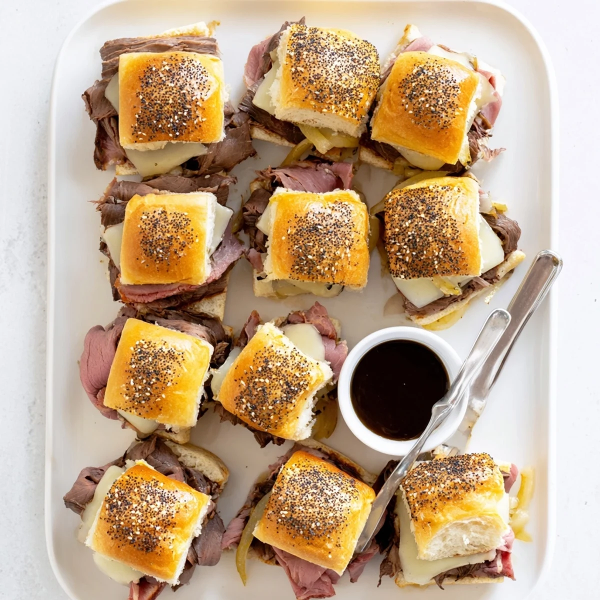 Savory French dip sliders with caramelized onions and melted cheese served alongside rich beef au jus dipping sauce